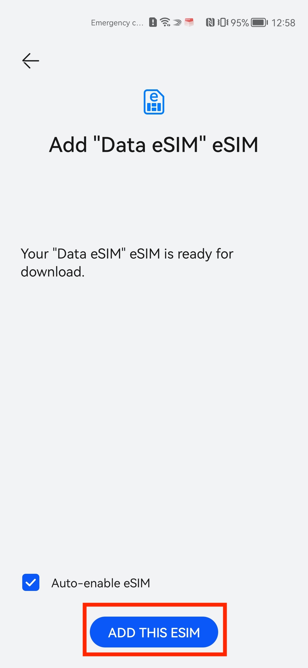 Tillat at telefonen legger til eSIM-en