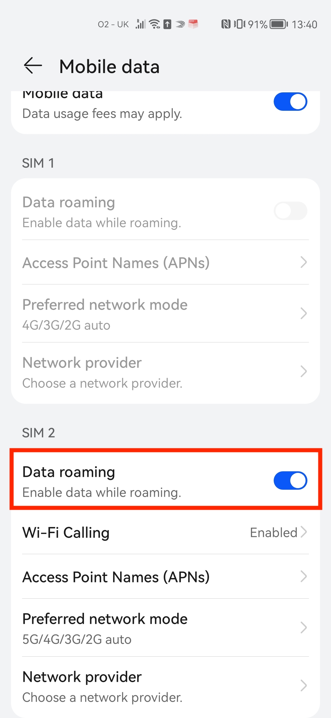 Slå på linjen og roaming