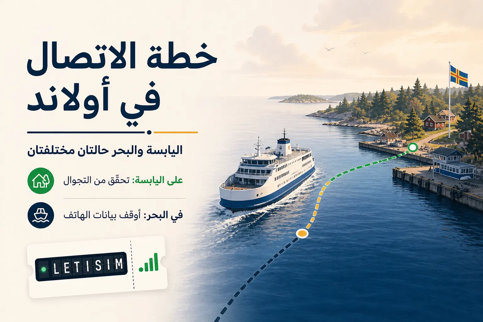 عبّارة تقترب من ميناء في أولاند بجوار لوحة تطلب التحقق من التجوال على اليابسة وإيقاف بيانات الهاتف في البحر