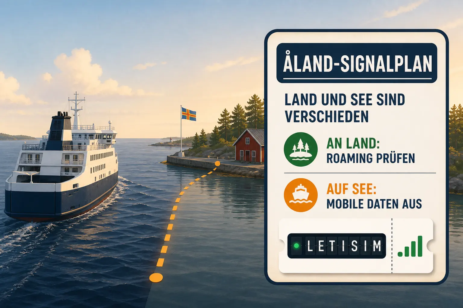 Fähre vor einem Åland-Hafen mit Signalplan: an Land Roaming prüfen, auf See mobile Daten ausschalten