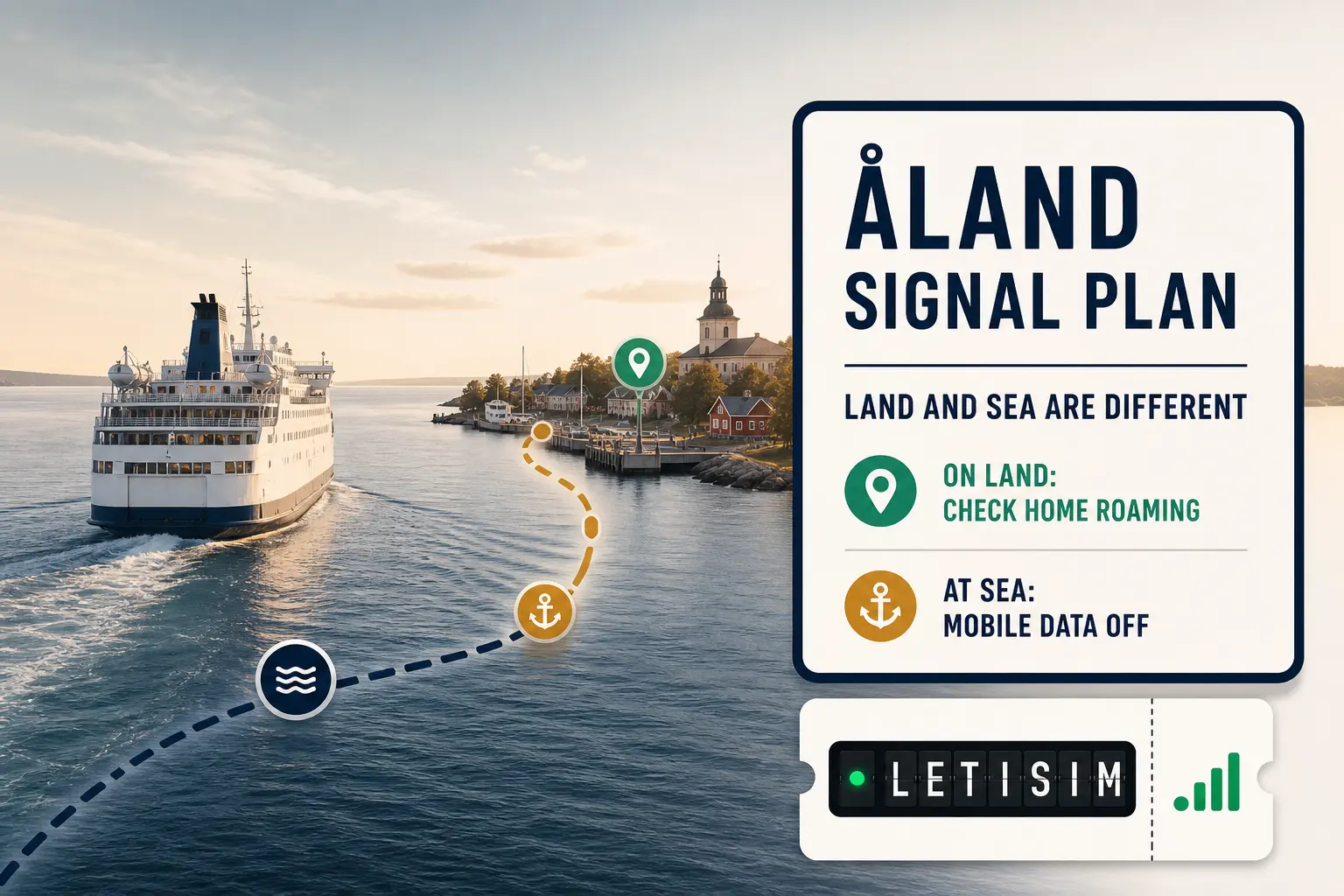 Åland ferry approaching an island harbour beside a Signal Plan board that says land roaming must be checked and mobile data should be off at sea
