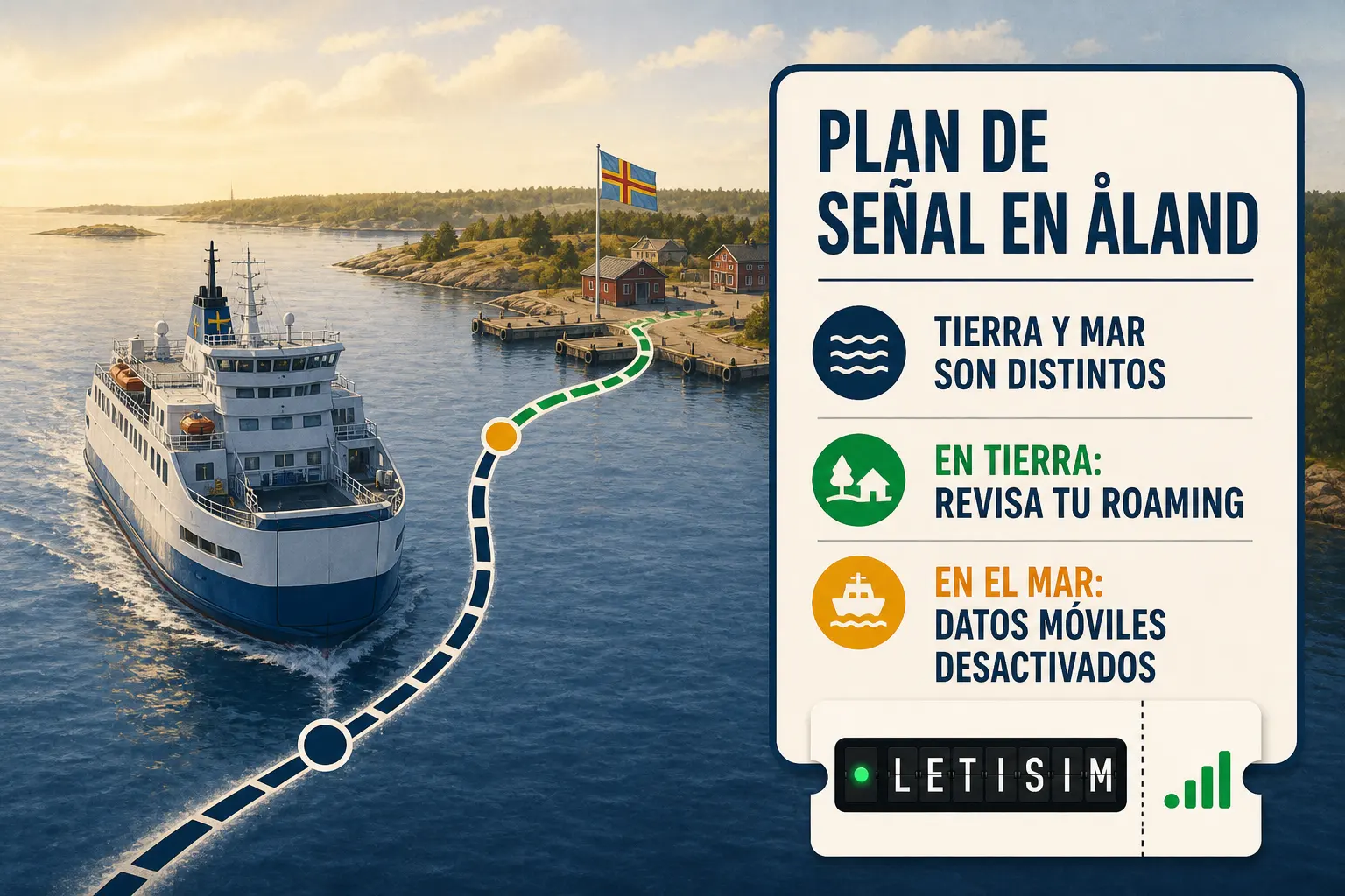 Ferry llegando a un puerto de Åland junto a un panel que indica revisar el roaming en tierra y desactivar los datos móviles en el mar