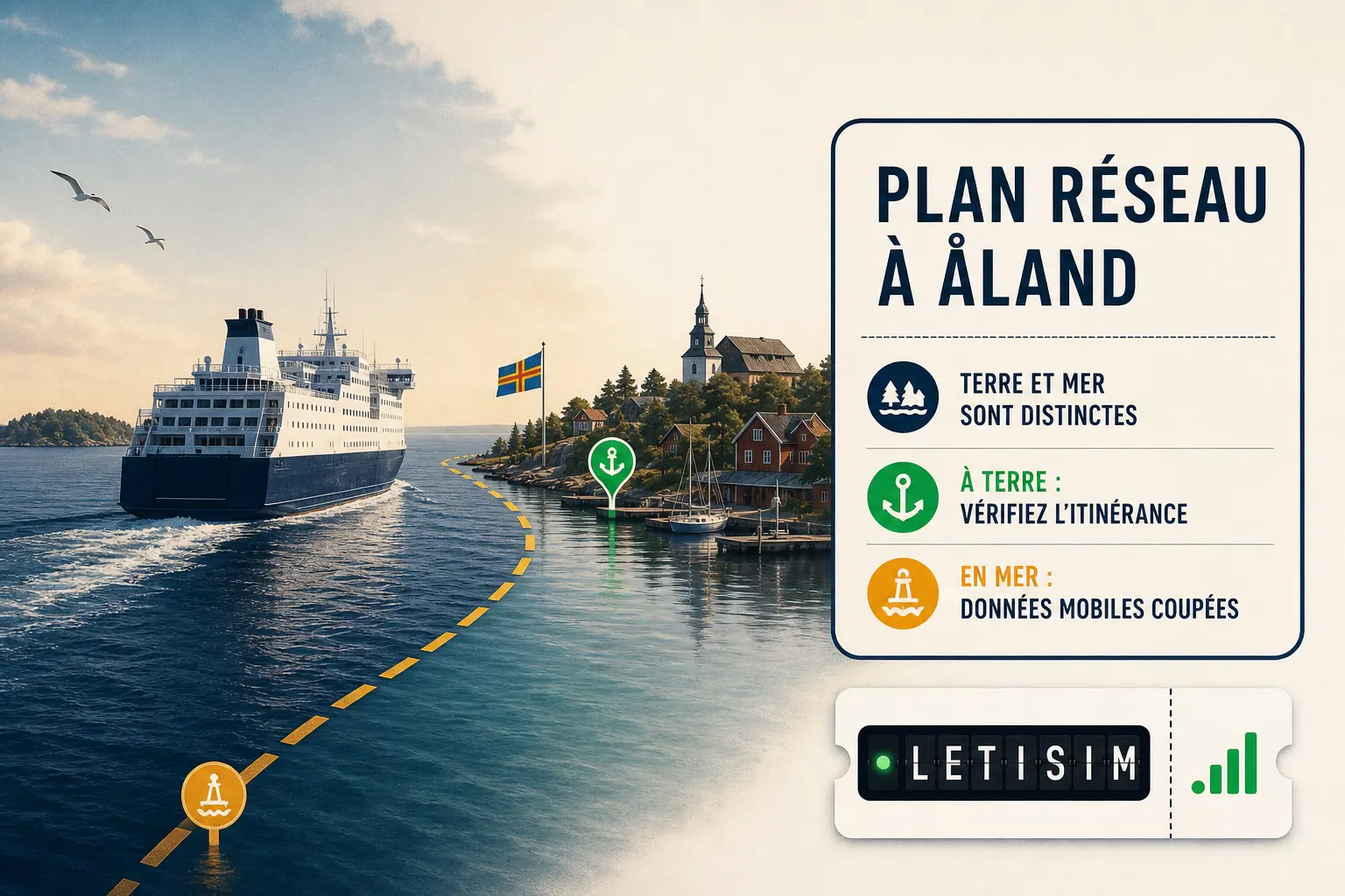 Ferry approchant Åland et panneau indiquant de vérifier l’itinérance à terre et de couper les données mobiles en mer