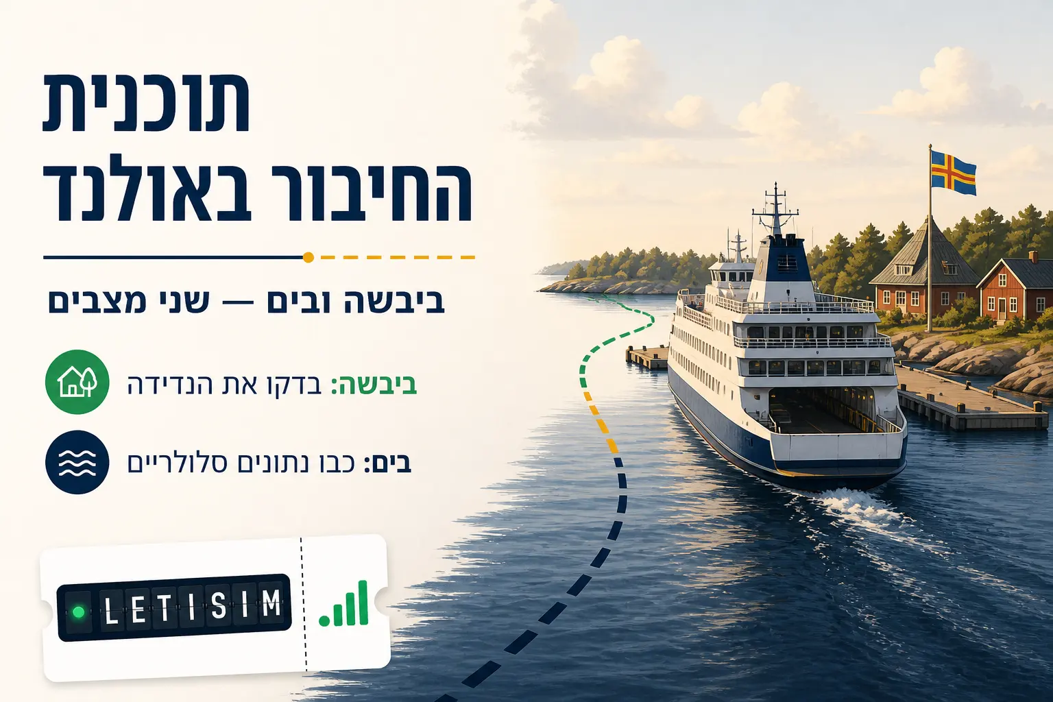 מעבורת מתקרבת לנמל באולנד לצד לוח שמורה לבדוק נדידה ביבשה ולכבות נתונים סלולריים בים