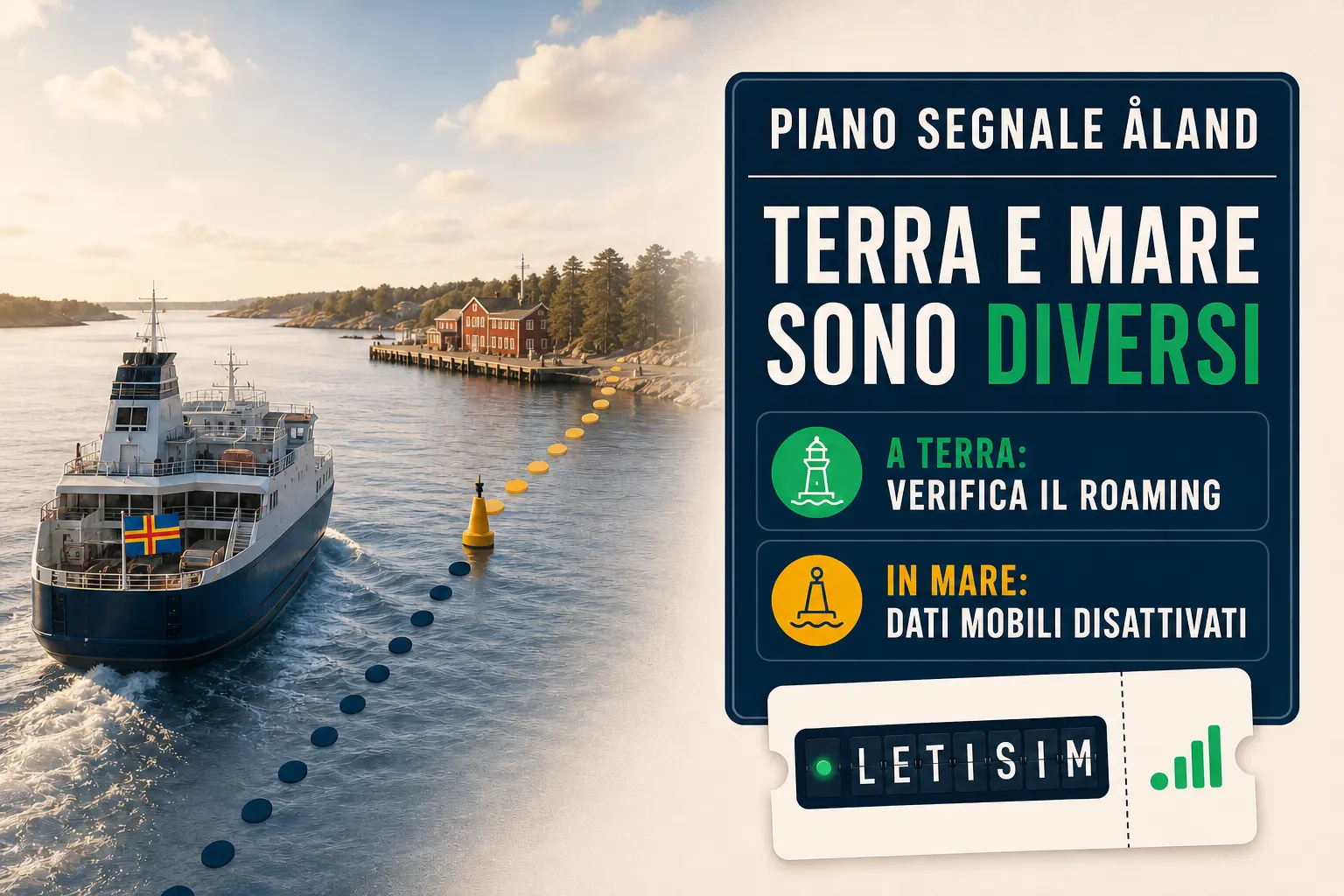 Traghetto verso un porto delle Åland con pannello: verificare il roaming a terra e disattivare i dati mobili in mare