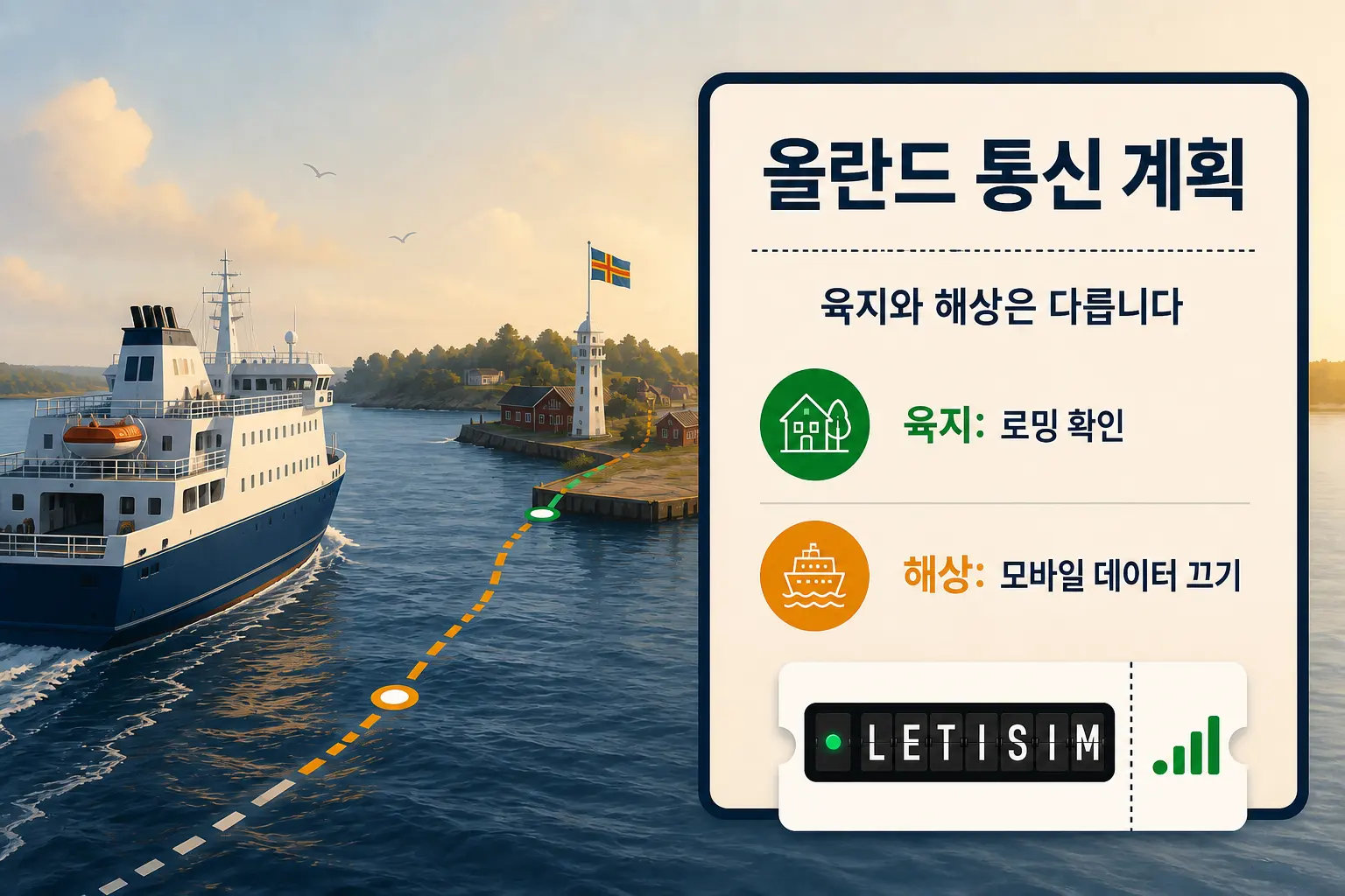 올란드 항구로 향하는 페리와 육지에서는 로밍 확인, 해상에서는 모바일 데이터 끄기를 안내하는 통신 계획판