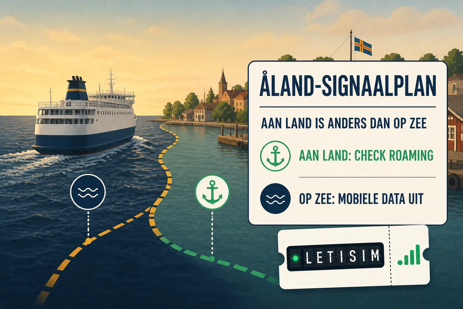 Veerboot richting een Åland-haven met bord: roaming aan land controleren en mobiele data op zee uitschakelen