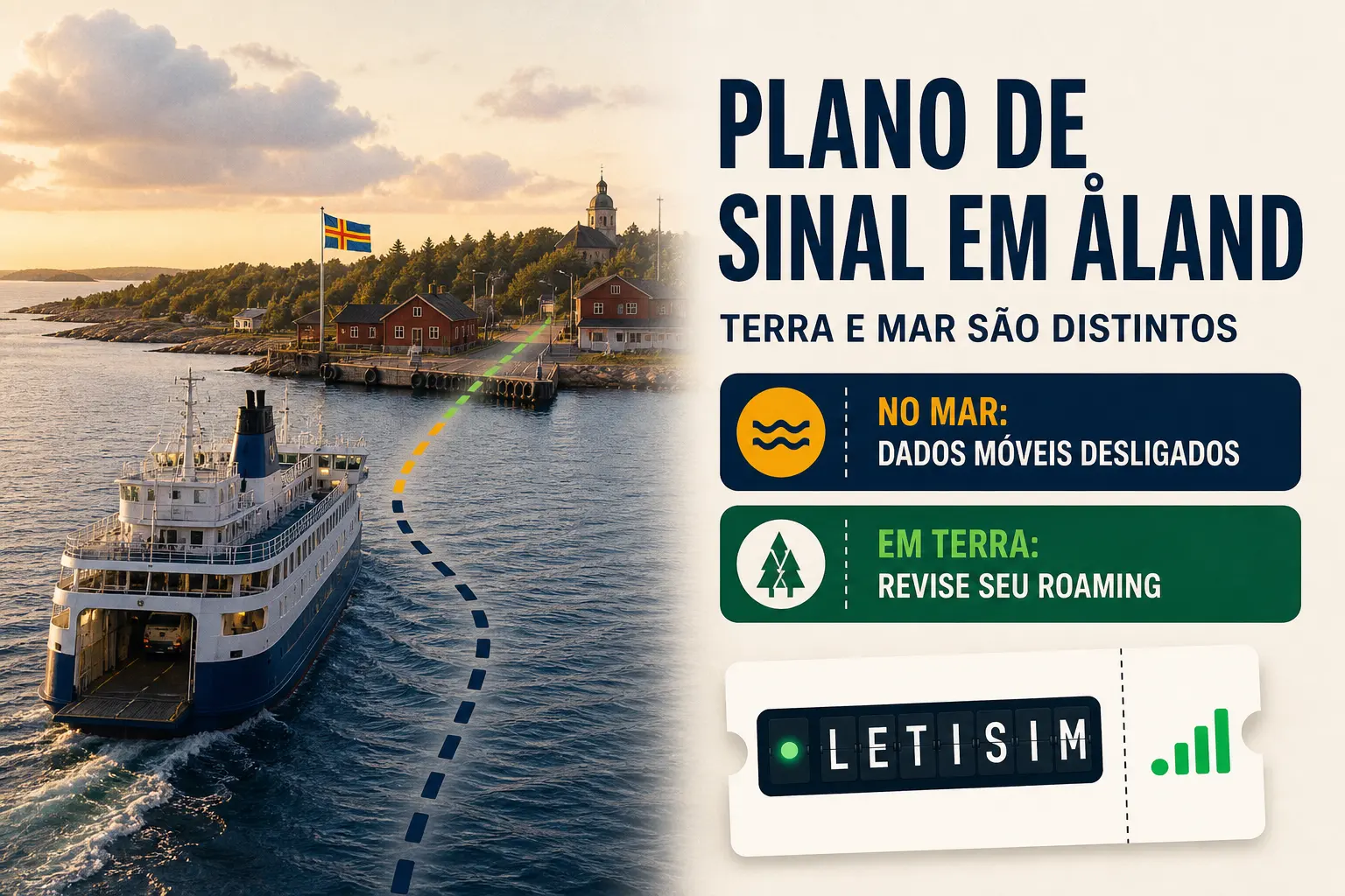 Balsa chegando ao porto de Åland ao lado de um quadro que manda revisar o roaming em terra e desligar os dados móveis no mar