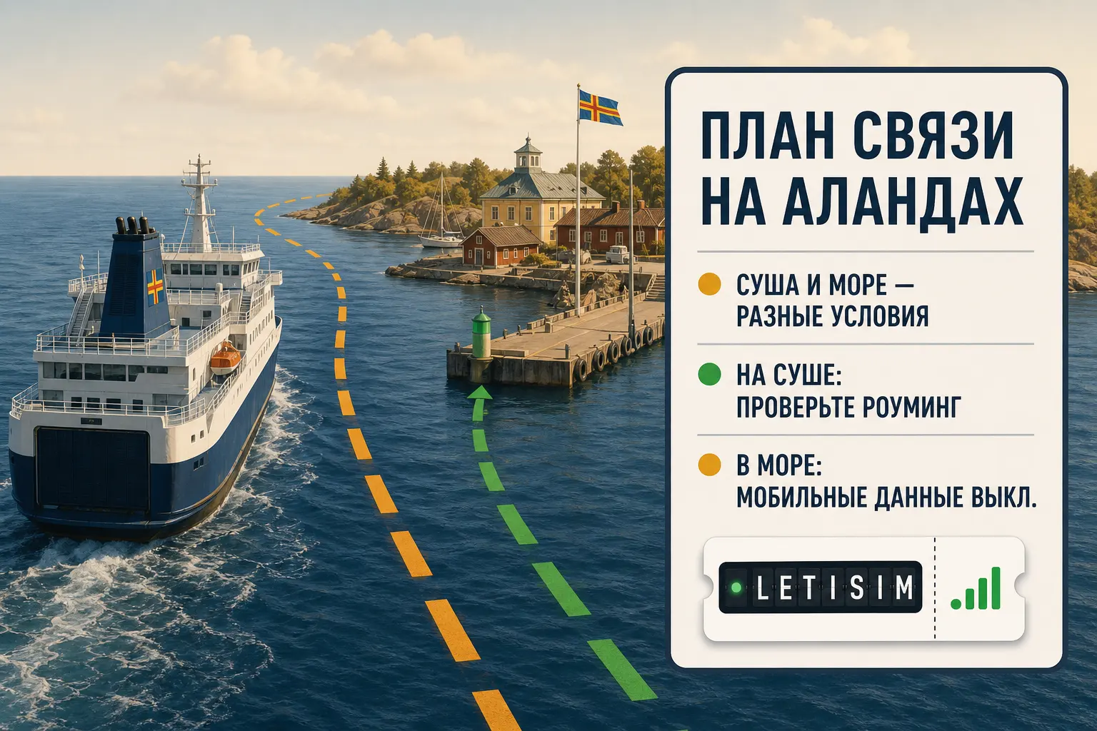 Паром у гавани Аландов и доска плана связи: на суше проверить роуминг, в море отключить мобильные данные