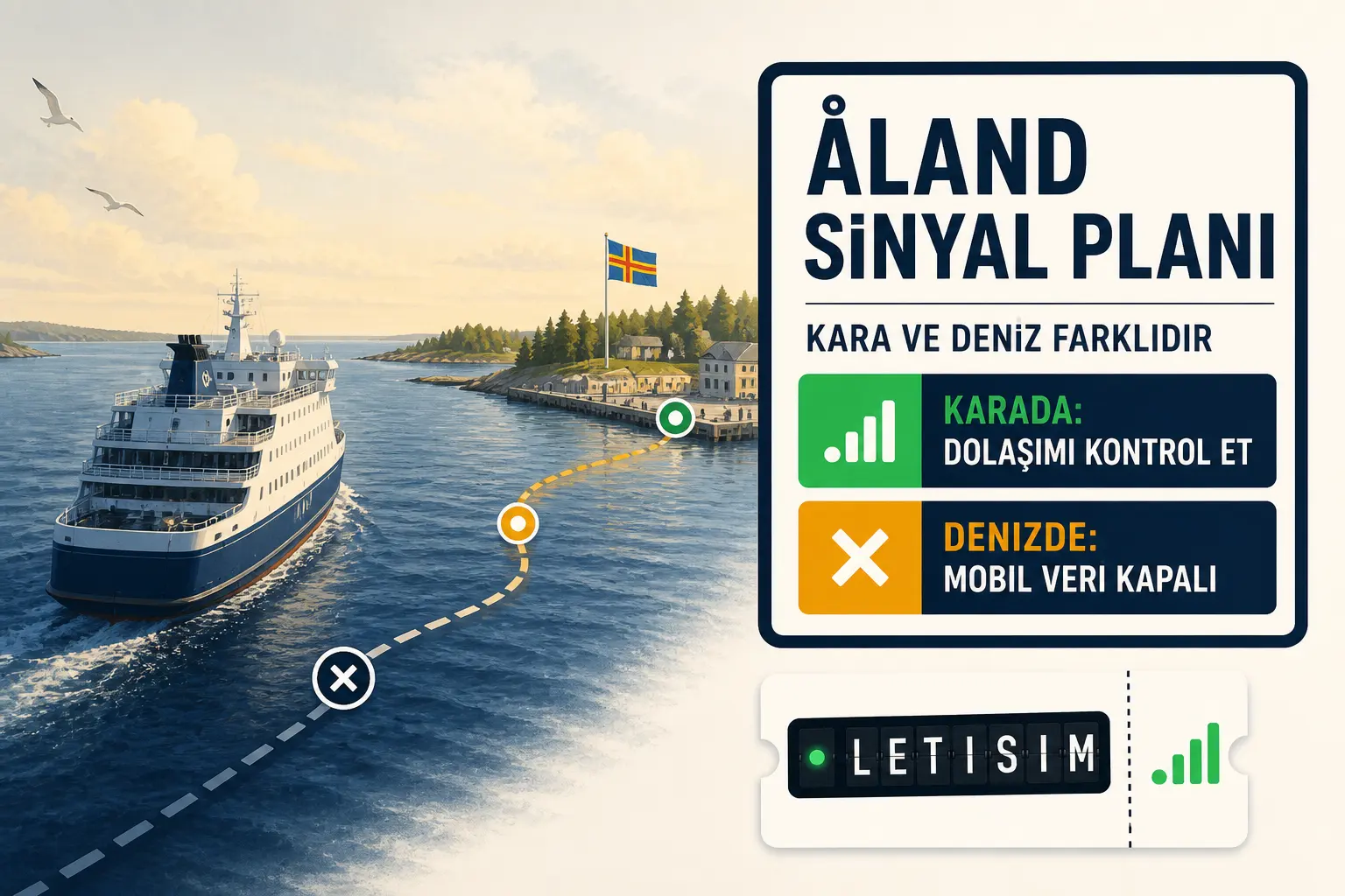 Åland limanına yaklaşan feribot ve karada dolaşımı kontrol etmeyi, denizde mobil veriyi kapatmayı söyleyen plan