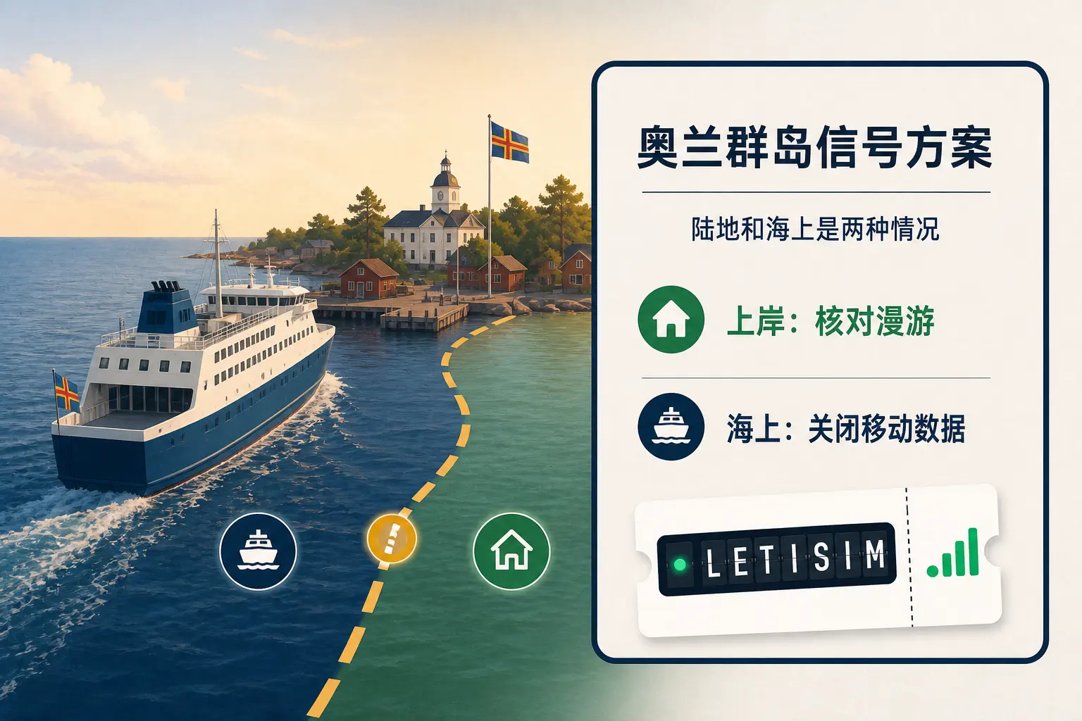 渡轮驶向奥兰港口,旁边的信号方案板提示上岸核对漫游、海上关闭移动数据