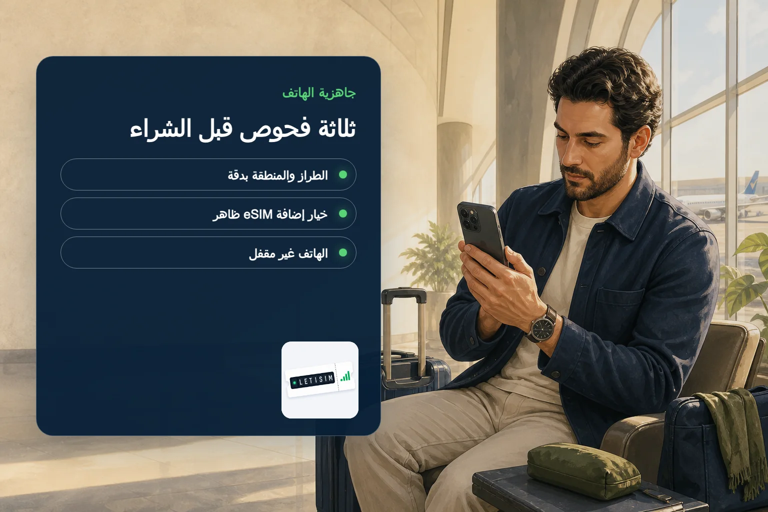 مسافر يقارن رقم طراز الهاتف وخيار إضافة eSIM وحالة قفل شركة الاتصالات على لوحة جاهزية كحلية