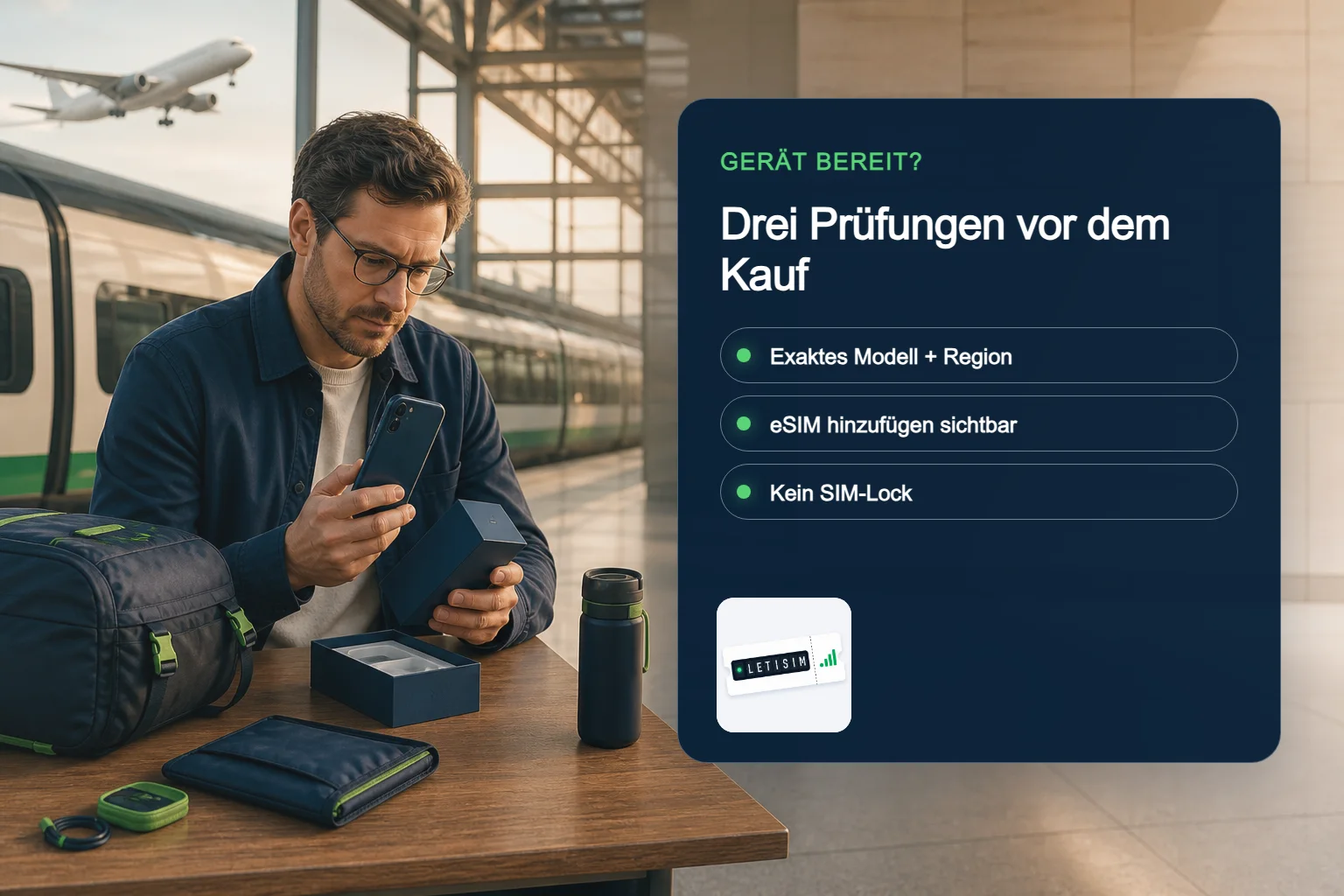 Reisender vergleicht Modellvariante, eSIM-Menü und SIM-Lock auf einer dunkelblauen Bereitschaftstafel