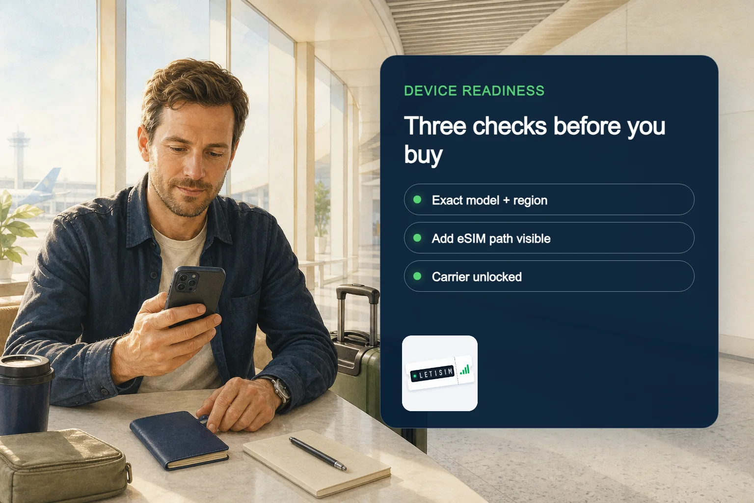 Traveler comparing an exact phone model, the Add eSIM setting and carrier-lock status on a navy Device Readiness Board