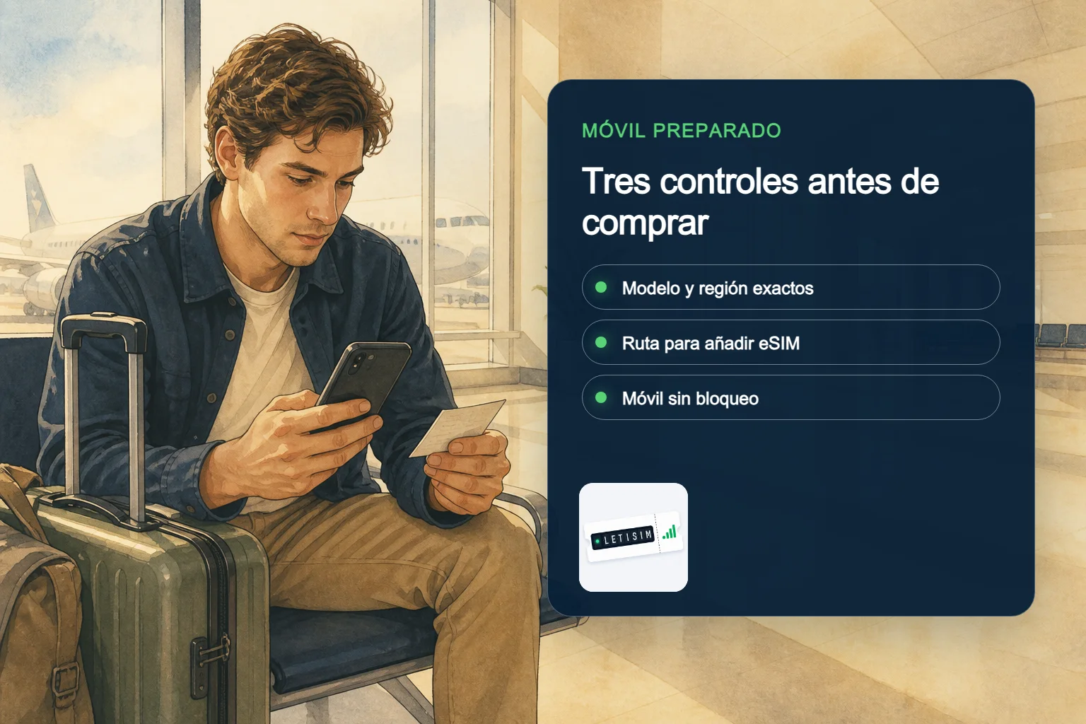 Viajero que contrasta el modelo exacto, la opción de añadir eSIM y el bloqueo del operador en un panel azul