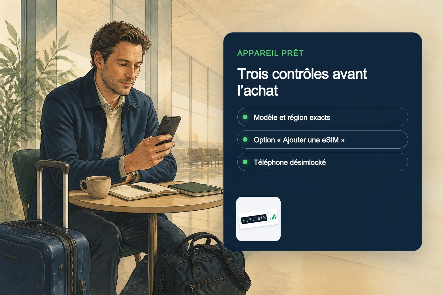 Voyageur vérifiant le modèle exact, le menu d’ajout eSIM et le verrouillage opérateur sur un tableau bleu nuit