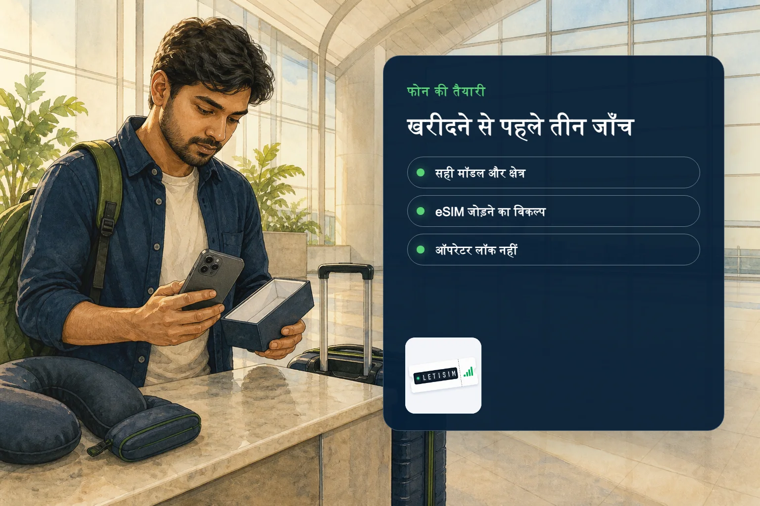 यात्री गहरे नीले तैयारी बोर्ड पर फोन का सही मॉडल, eSIM जोड़ने का विकल्प और ऑपरेटर लॉक देख रहा है