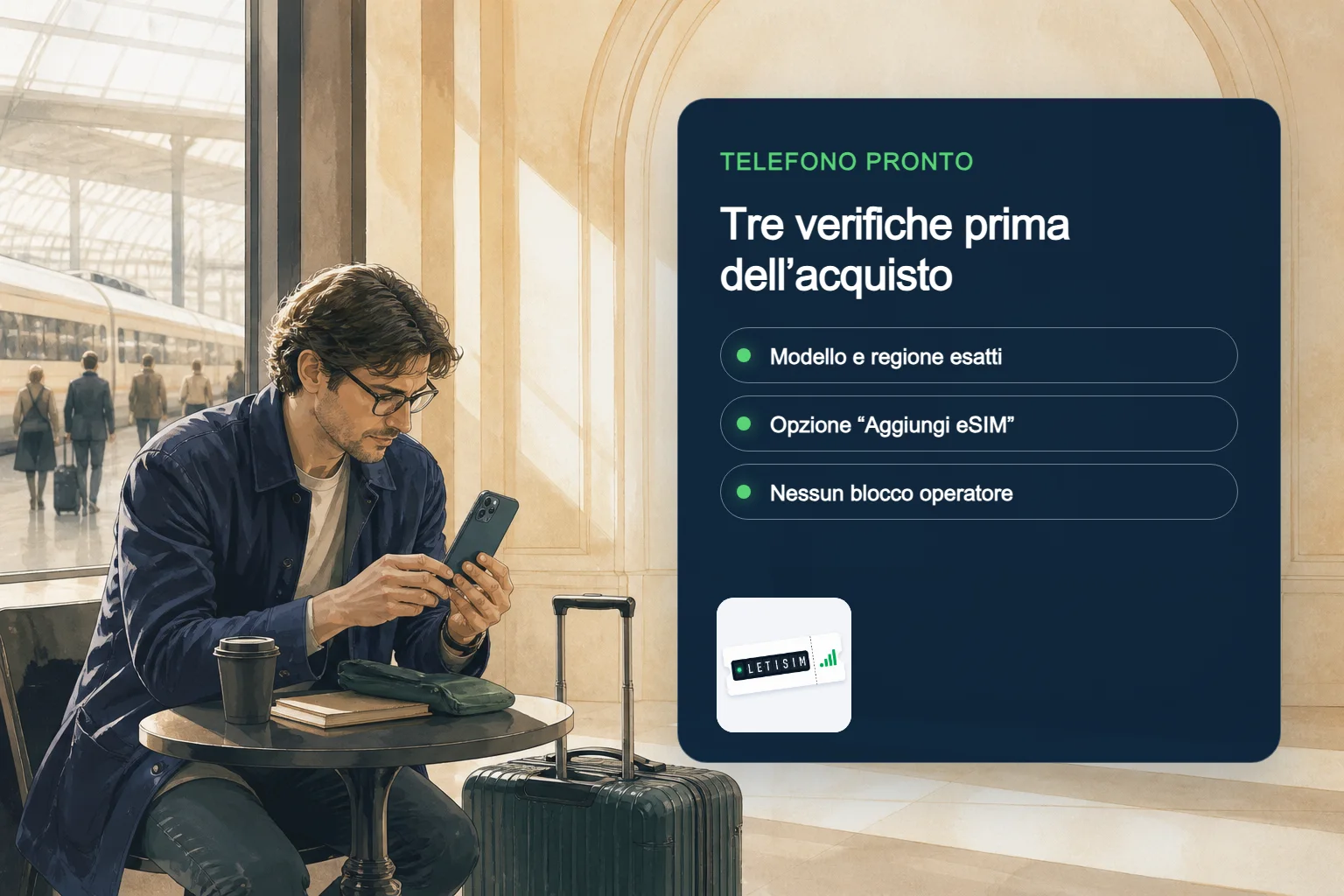 Viaggiatore che confronta modello esatto, comando Aggiungi eSIM e blocco operatore su un pannello blu