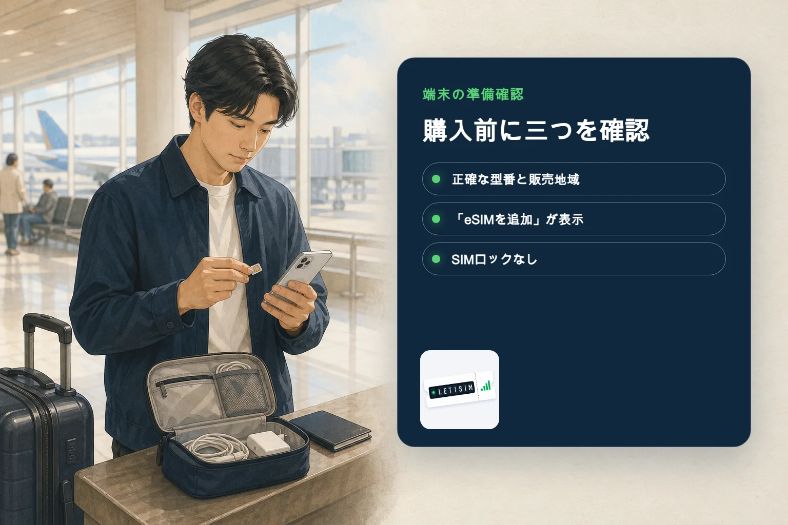 旅行者が紺色の準備ボードで正確な型番、eSIM追加項目、SIMロック状態を確認している