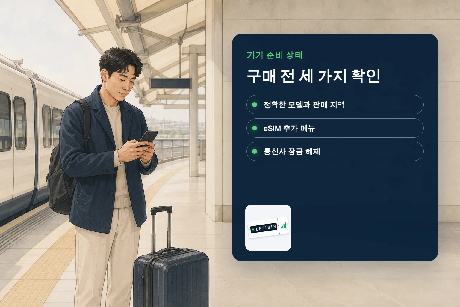 여행자가 짙은 남색 준비 보드에서 정확한 모델, eSIM 추가 메뉴와 통신사 잠금을 확인하는 모습