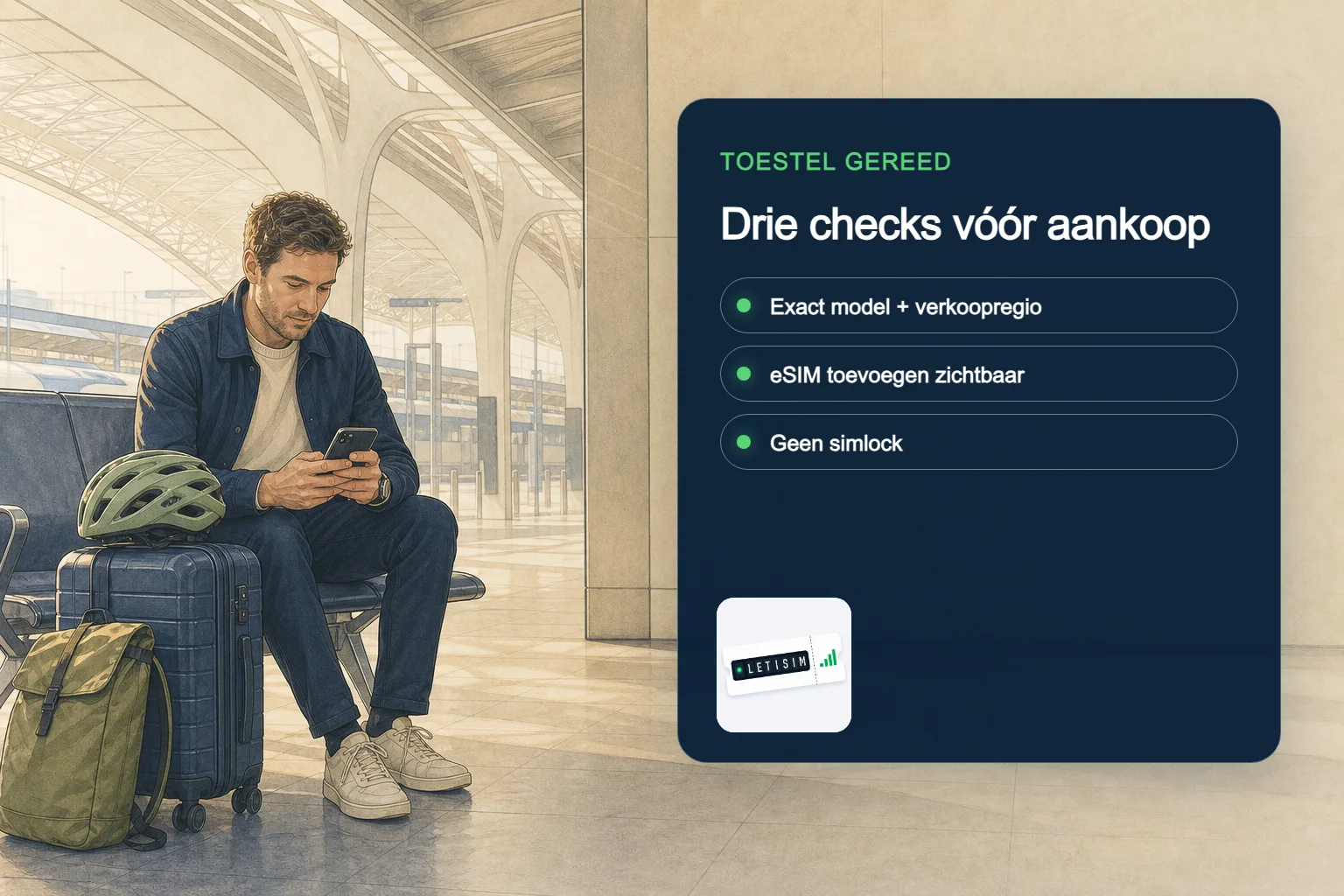 Reiziger vergelijkt exact telefoonmodel, menu voor eSIM toevoegen en simlock op een donkerblauw gereedheidsbord