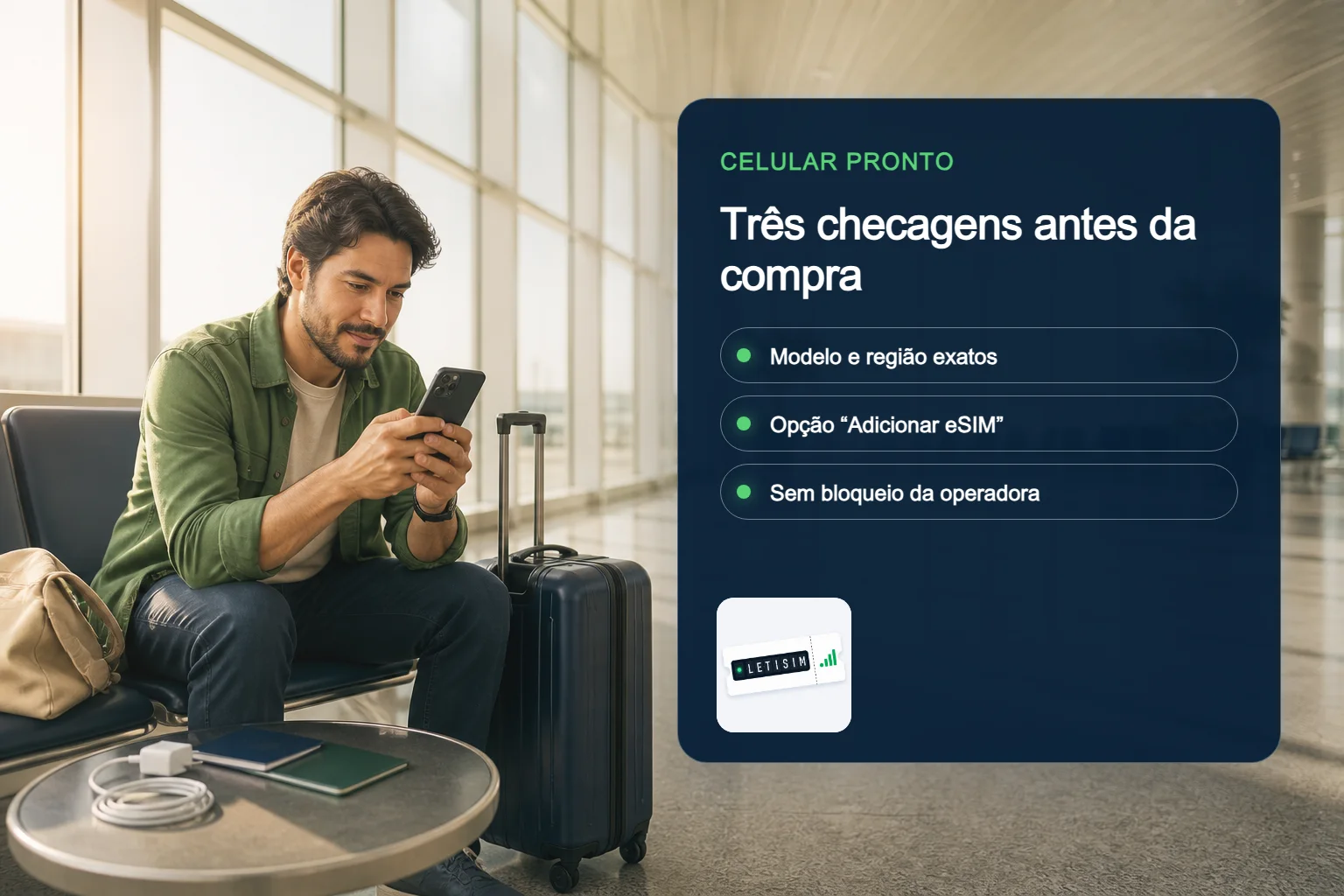 Viajante conferindo modelo exato, opção de adicionar eSIM e bloqueio de operadora em um painel azul