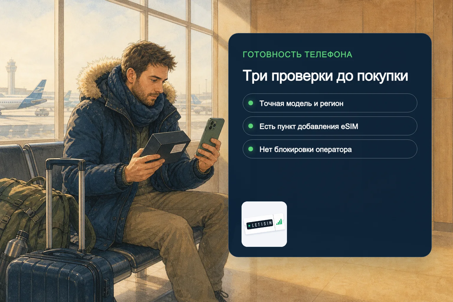 Путешественник сверяет точную модель телефона, пункт добавления eSIM и блокировку оператора на синем табло готовности