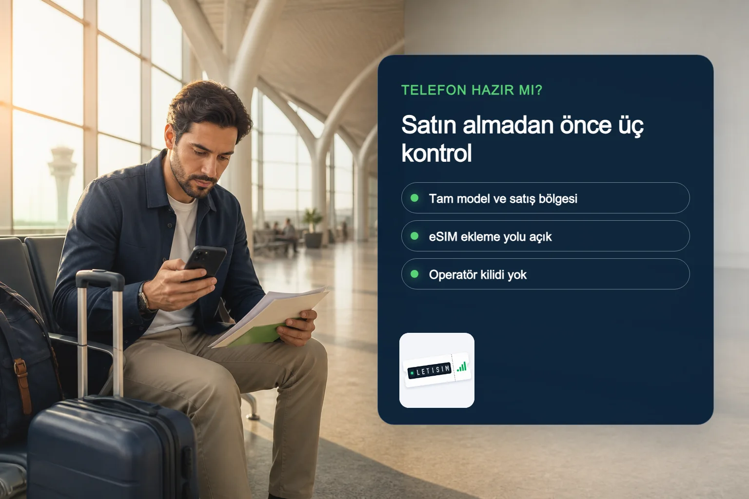 Yolcu tam model, eSIM ekleme seçeneği ve operatör kilidini lacivert hazırlık panosunda karşılaştırıyor