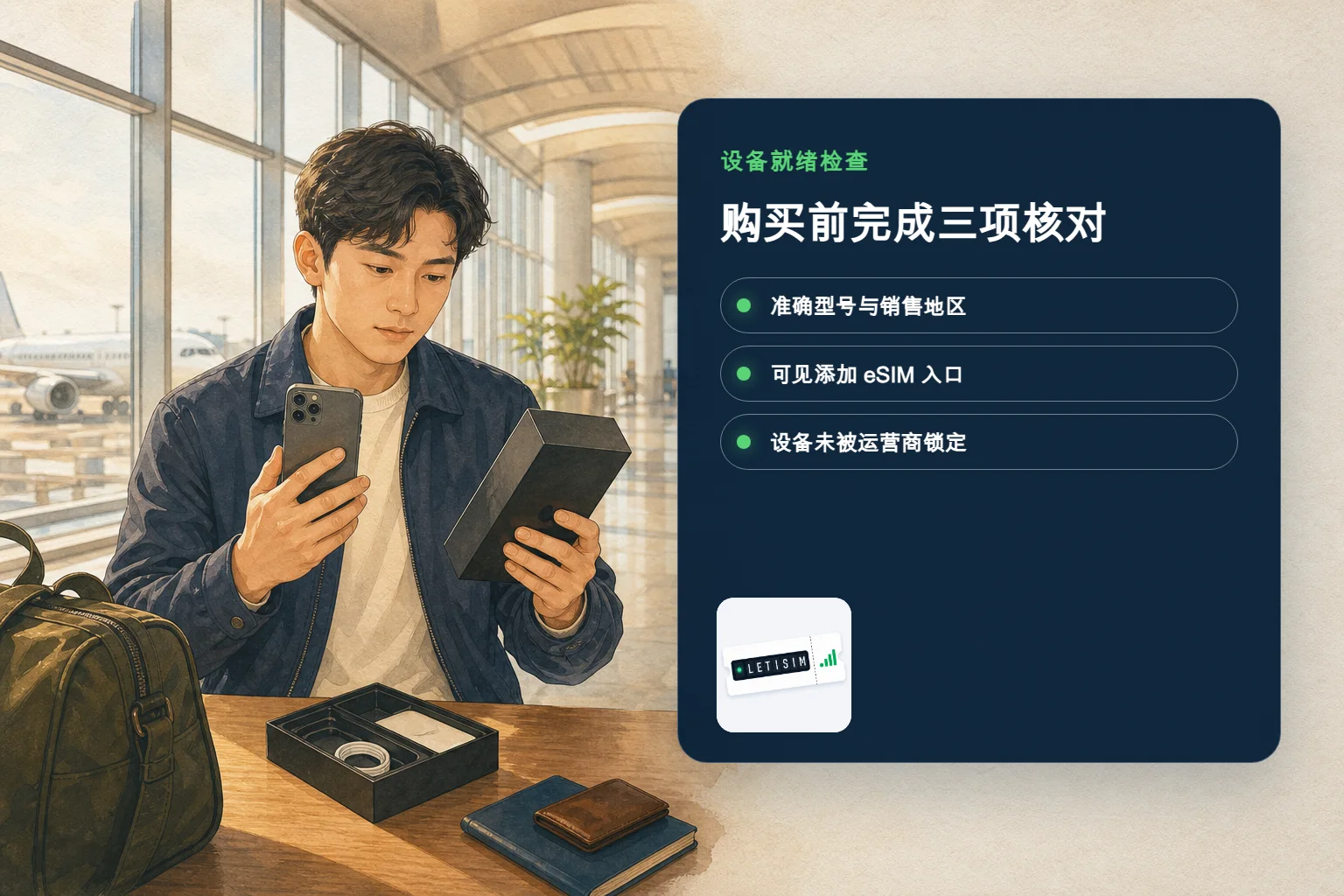 旅行者在深蓝色设备就绪看板上核对准确型号、添加 eSIM 入口和运营商锁状态