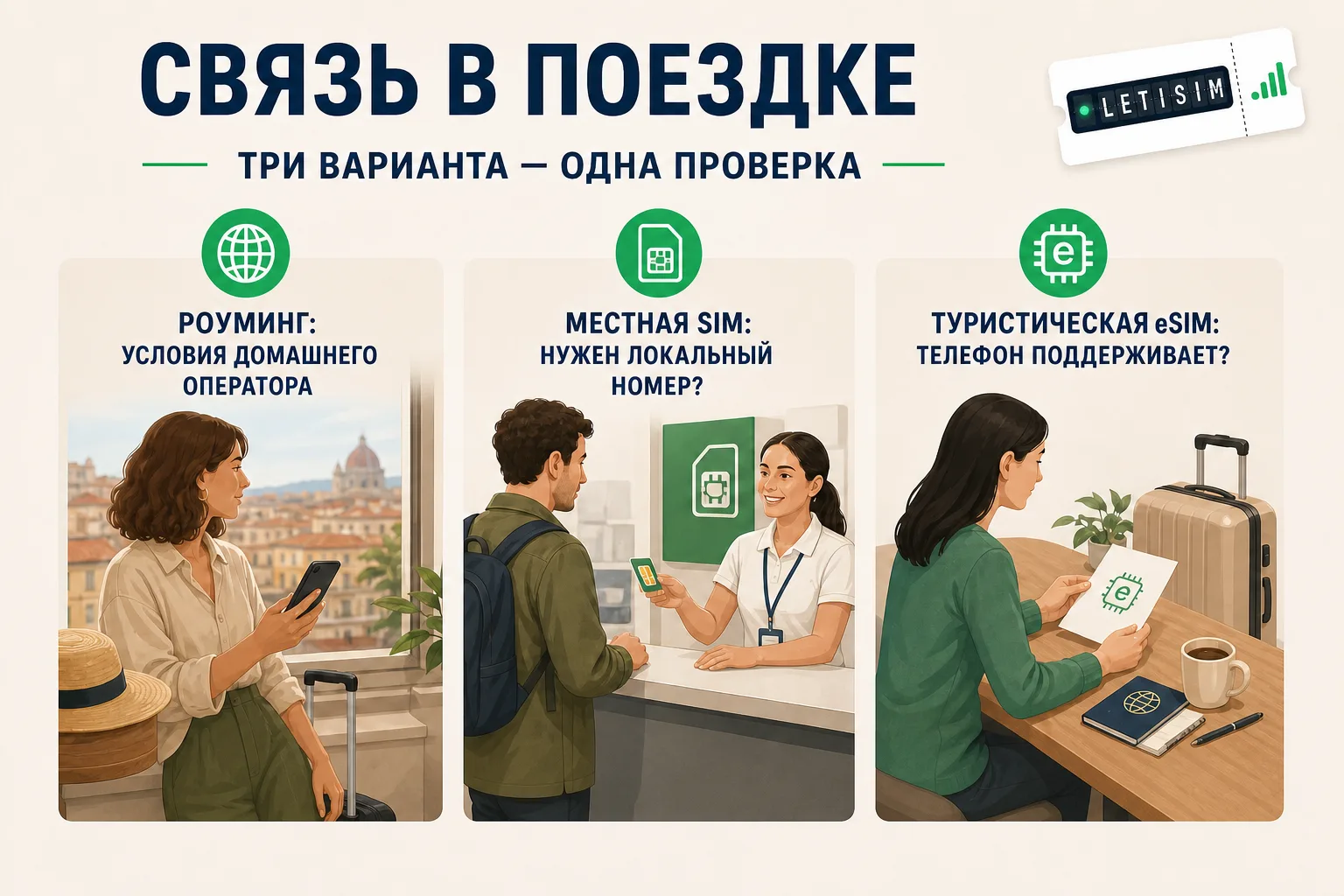 Три равноправных сценария связи в поездке: роуминг, местная SIM и туристическая eSIM с вопросами для проверки