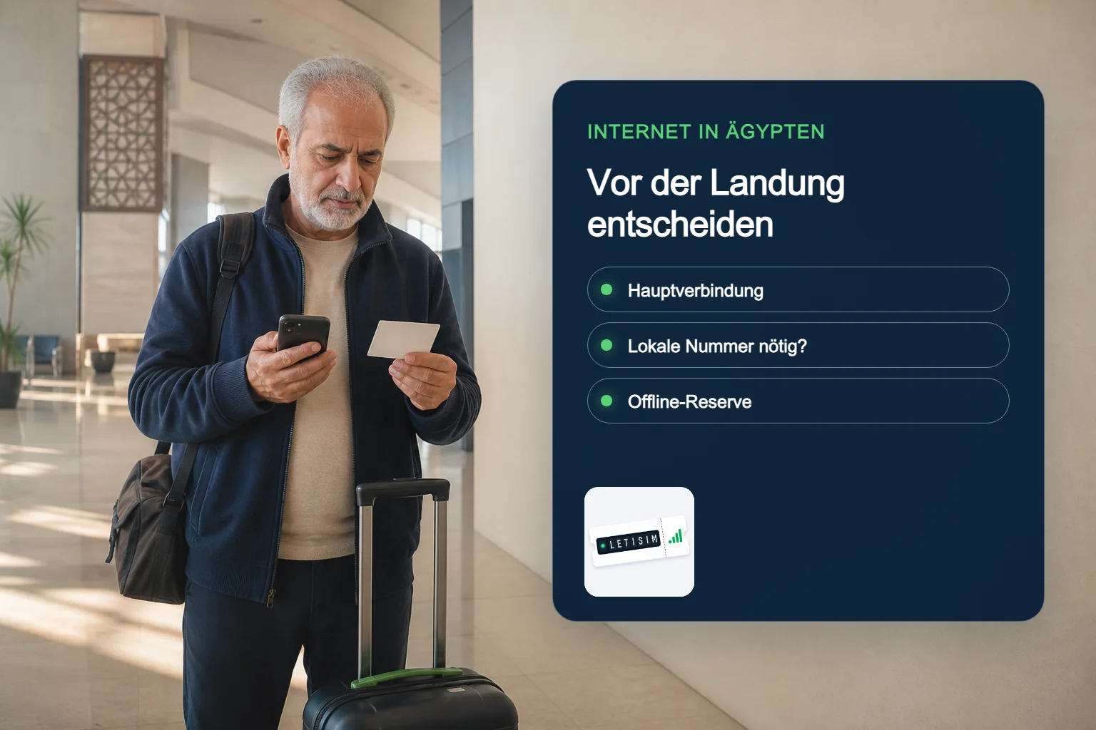 Reisender vergleicht Hauptverbindung, lokale Nummer und Offline-Reserve für Ägypten auf einer dunkelblauen Signaltafel