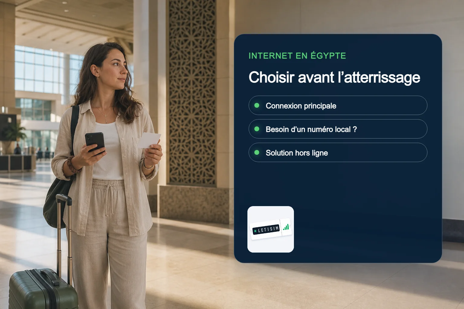 Voyageur compare connexion principale, besoin d’un numéro local et solution hors ligne pour l’Égypte sur un tableau bleu nuit