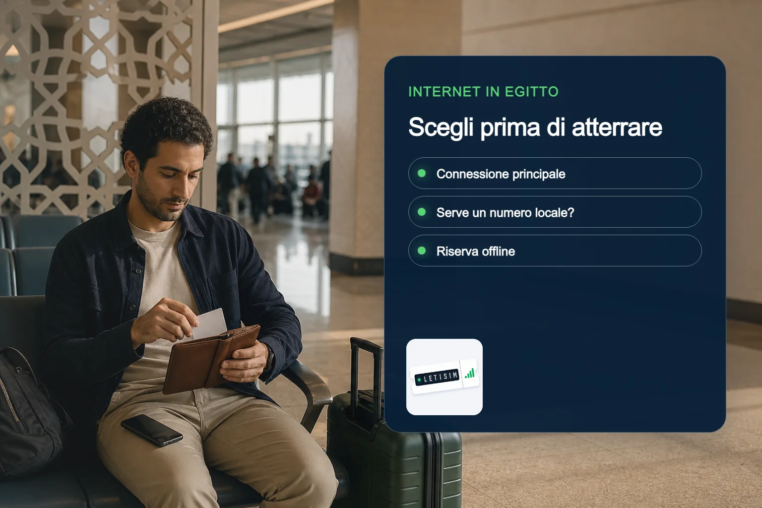 Viaggiatore confronta connessione principale, necessità di numero locale e riserva offline per l’Egitto su un pannello blu