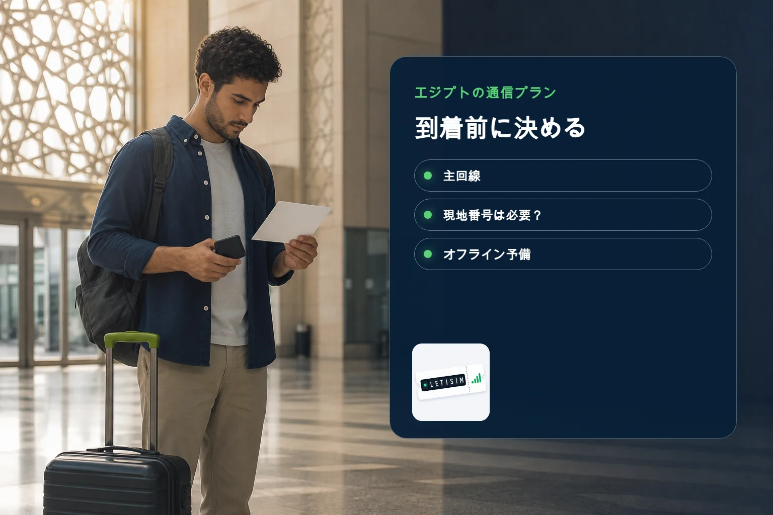旅行者が濃紺のSignal Planボードでエジプトの主回線、現地番号の必要性、オフライン予備を比較している