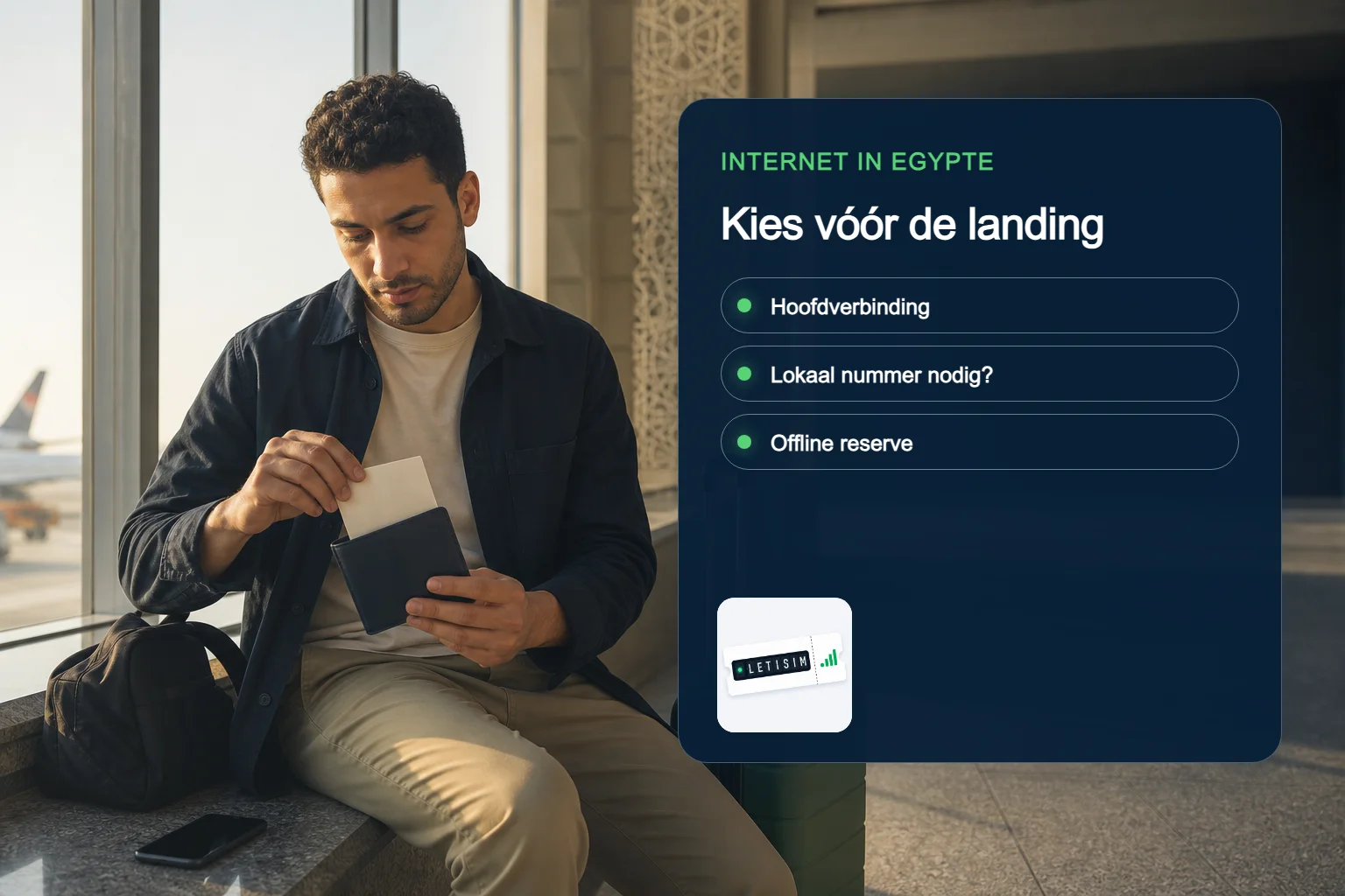 Reiziger vergelijkt hoofdverbinding, behoefte aan lokaal nummer en offline reserve voor Egypte op een donkerblauw Signal Plan-bord