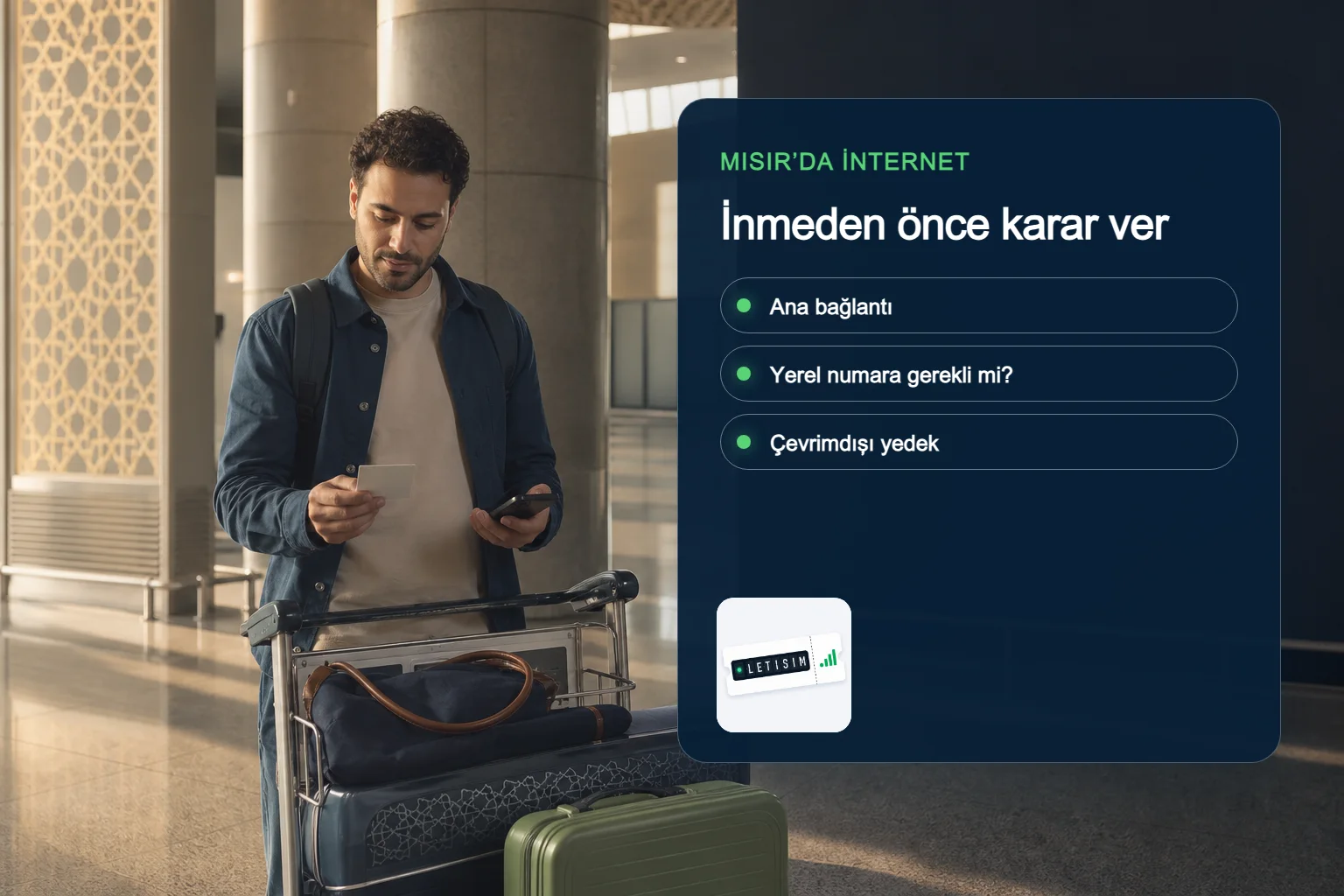 Yolcu, lacivert Signal Plan panosunda Mısır için ana bağlantıyı, yerel numara ihtiyacını ve çevrimdışı yedeği karşılaştırıyor