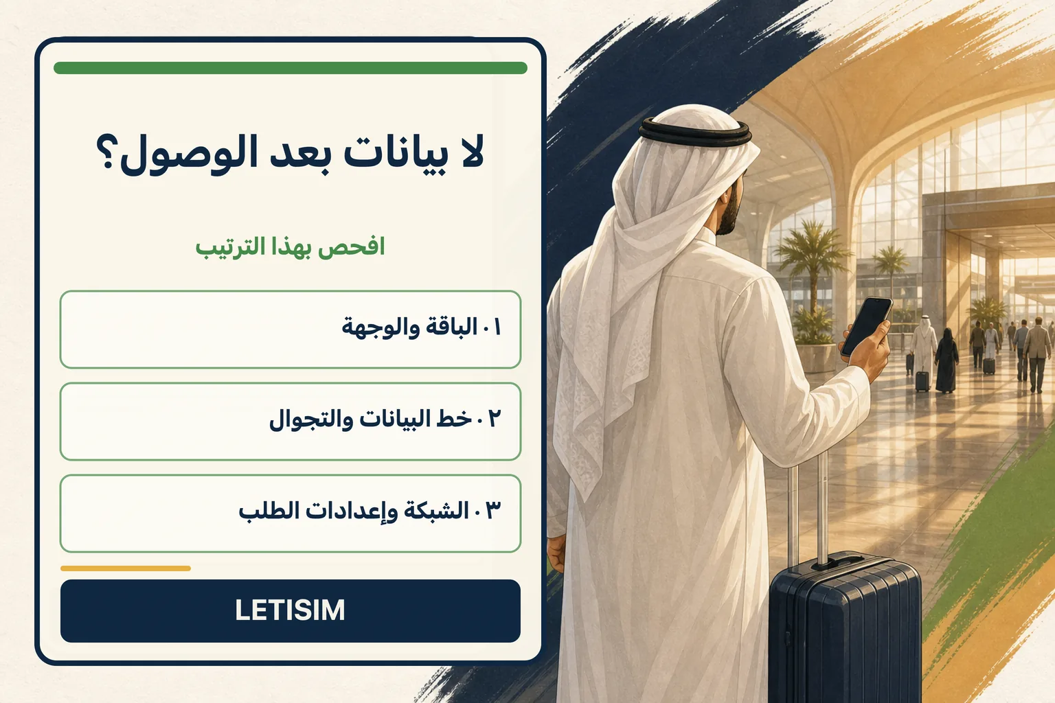 مسافر في مطار بجانب لوحة من ثلاث خطوات لفحص الباقة وخط البيانات والتجوال والشبكة وإعدادات الطلب