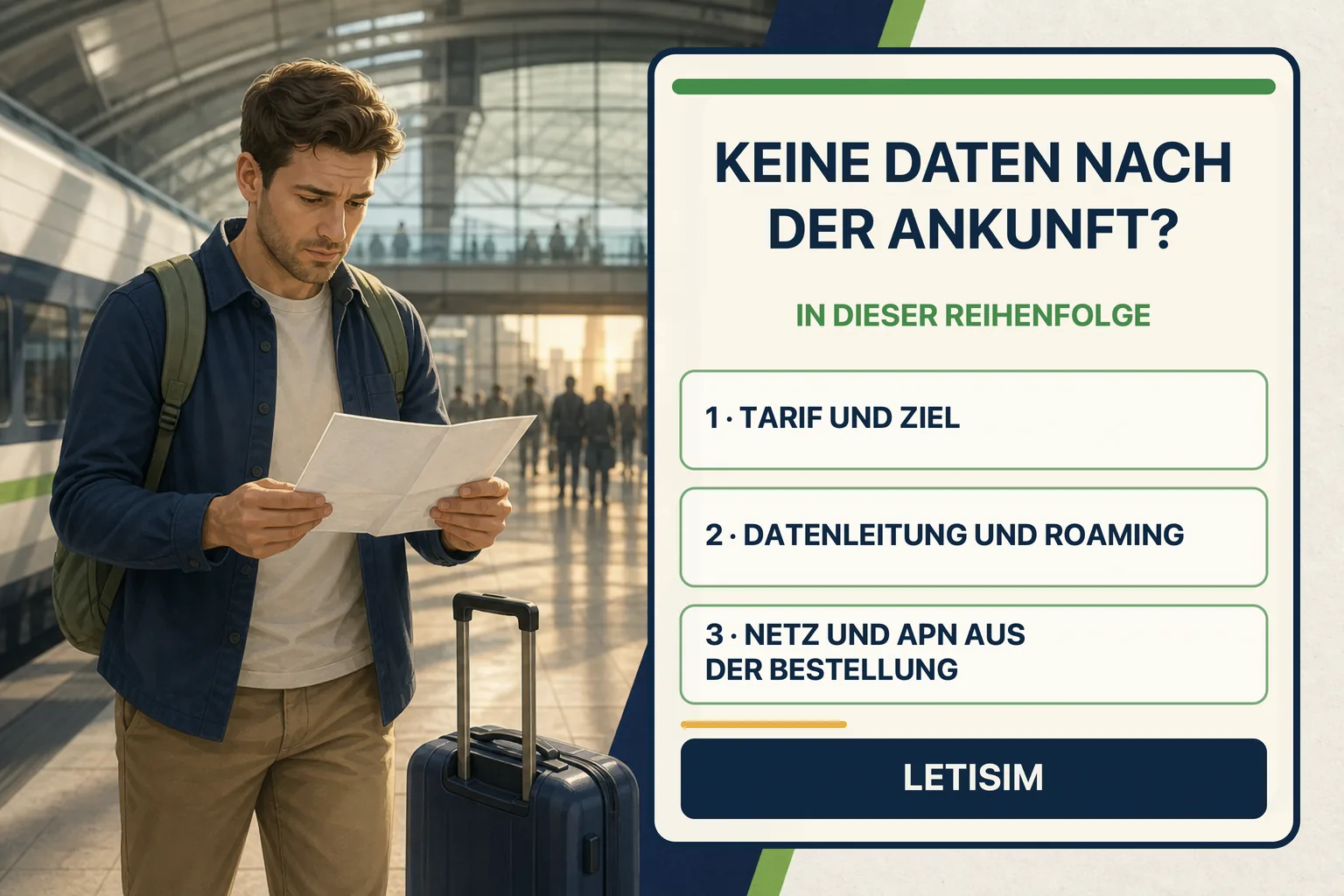 Reisender am Flughafen neben einer Drei-Schritt-Tafel für Tarif, Datenleitung, Roaming, Netz und Bestell-APN