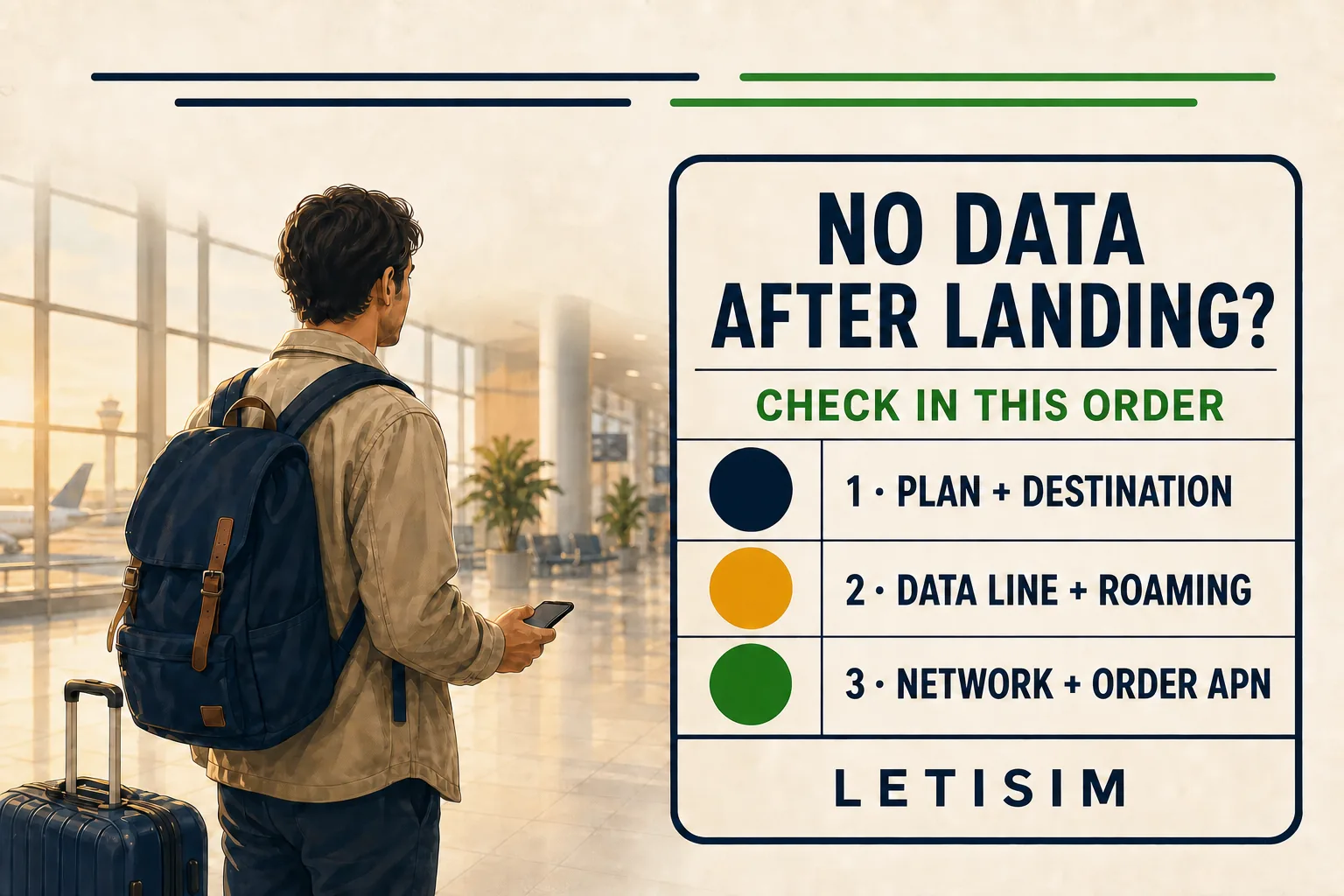 Traveler at an airport beside a three-step board for checking plan, data line, roaming, network and order APN