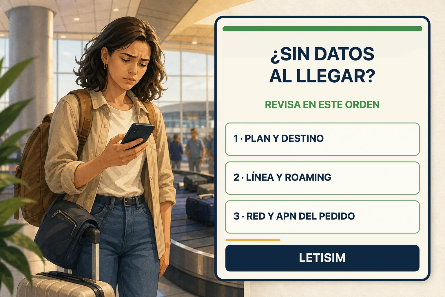 Viajera en un aeropuerto junto a un panel de tres pasos para revisar plan, línea de datos, roaming, red y APN del pedido