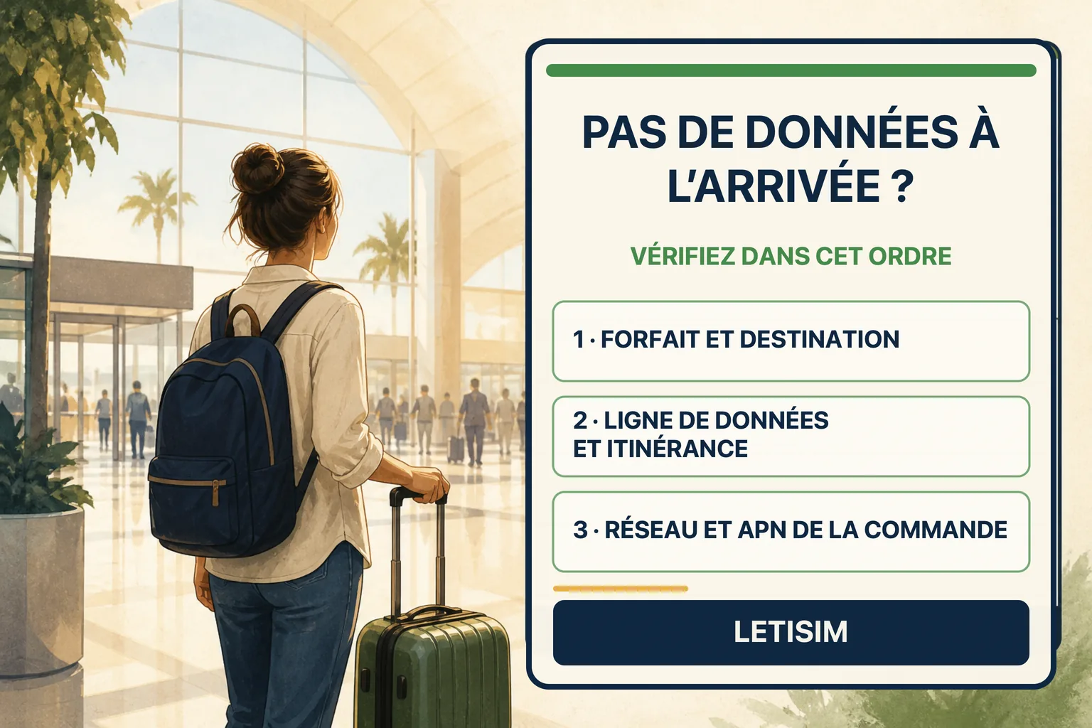 Voyageuse dans un aéroport devant un panneau en trois étapes pour vérifier forfait, ligne de données, itinérance, réseau et APN de la commande