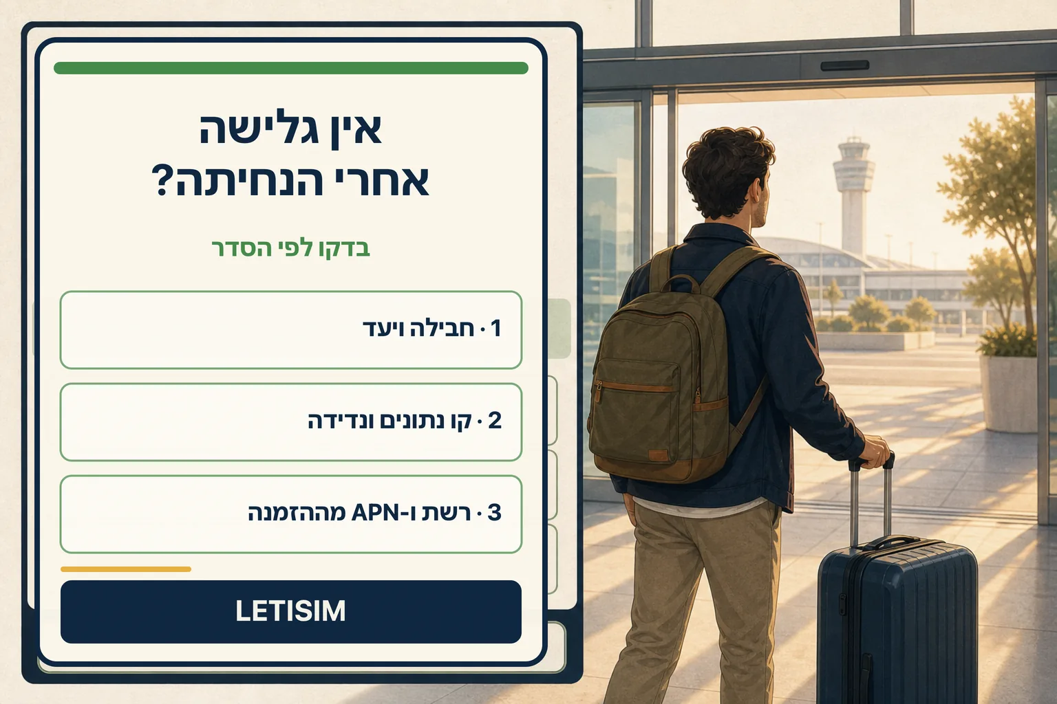 נוסע בנמל תעופה לצד לוח בן שלושה שלבים לבדיקת חבילה, קו נתונים, נדידה, רשת ו-APN מההזמנה