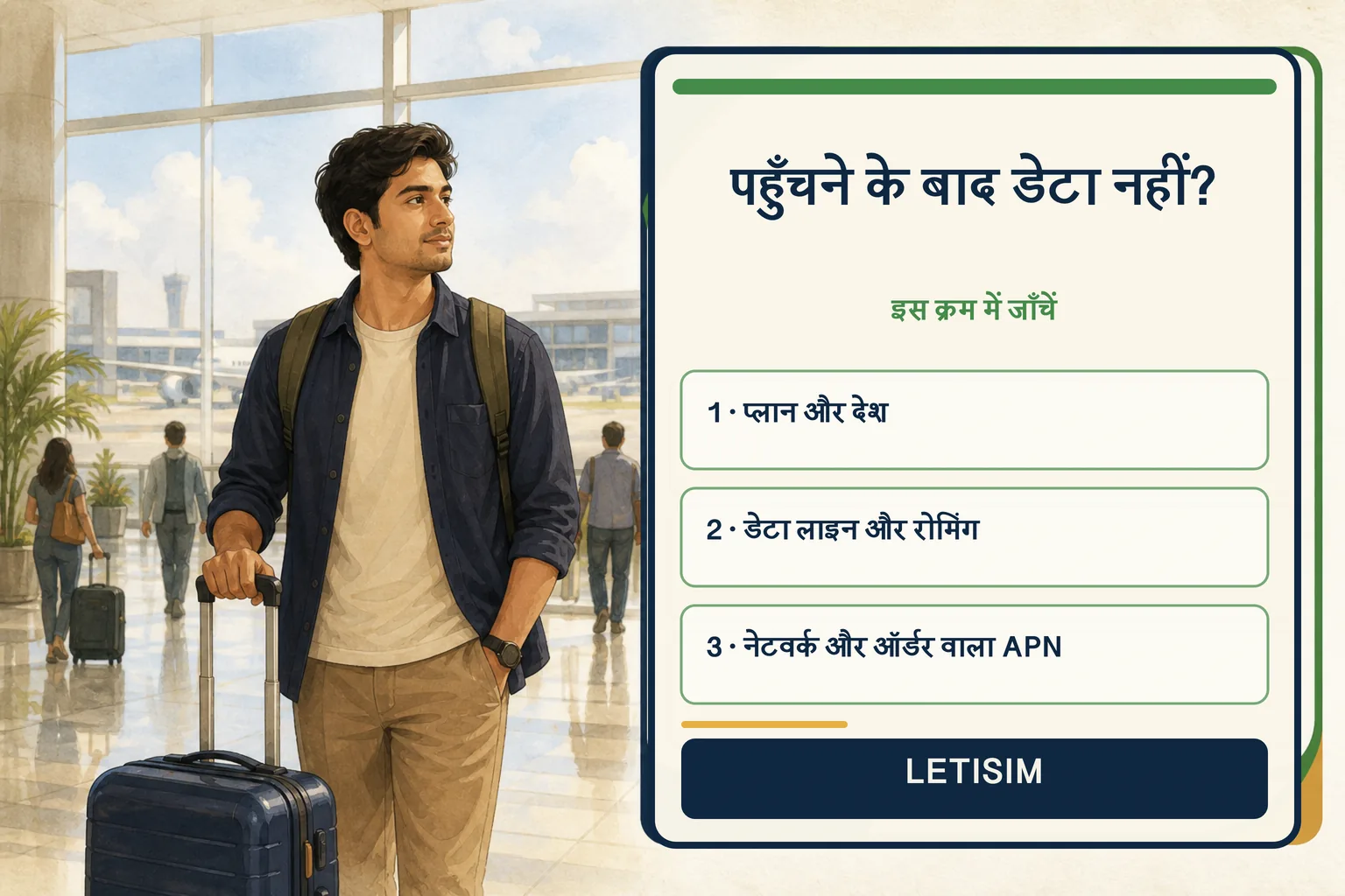 एयरपोर्ट में यात्री के साथ प्लान, डेटा लाइन, रोमिंग, नेटवर्क और ऑर्डर APN जाँचने वाला तीन-चरण बोर्ड