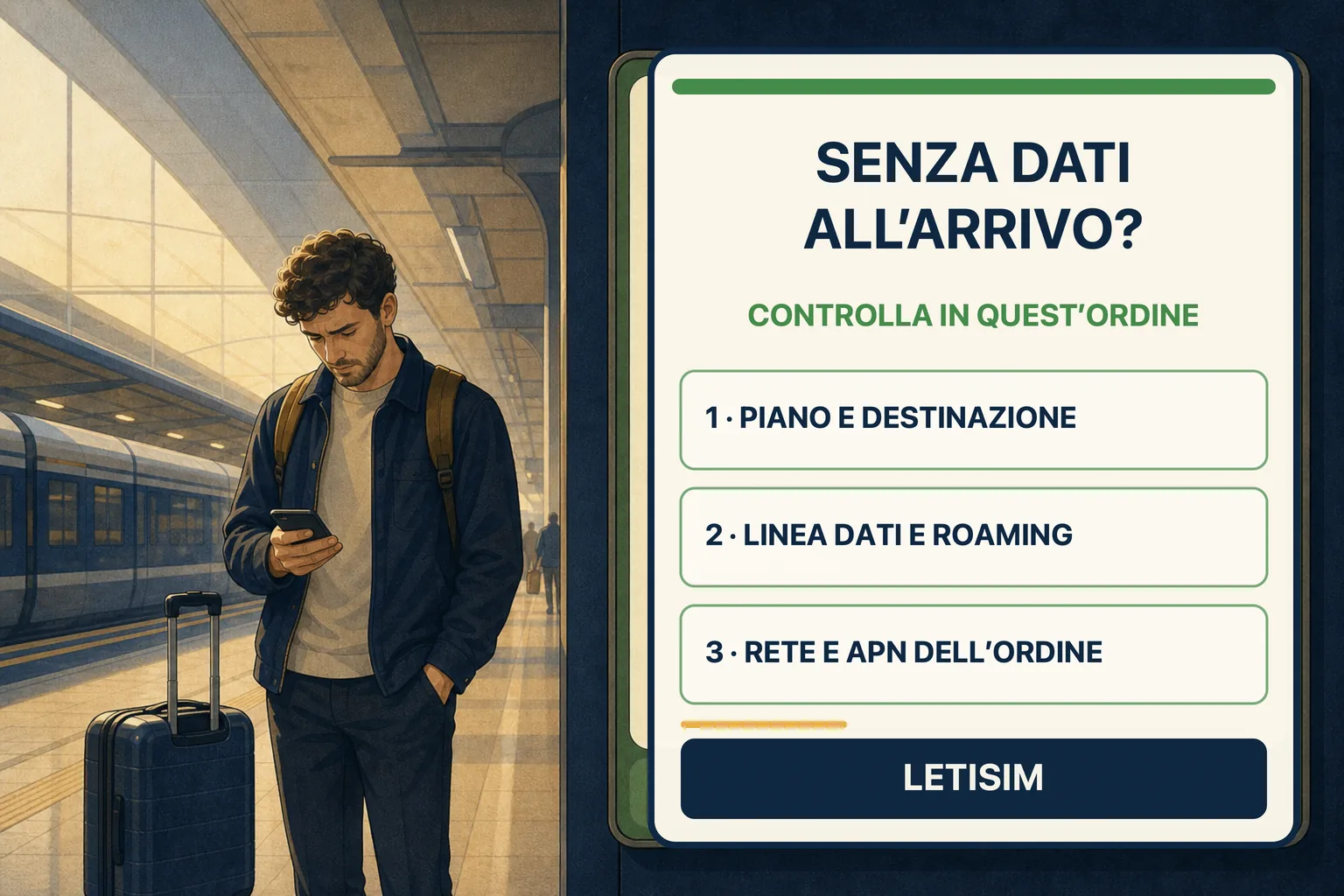 Viaggiatore in aeroporto accanto a un pannello in tre passaggi per controllare piano, linea dati, roaming, rete e APN dell’ordine