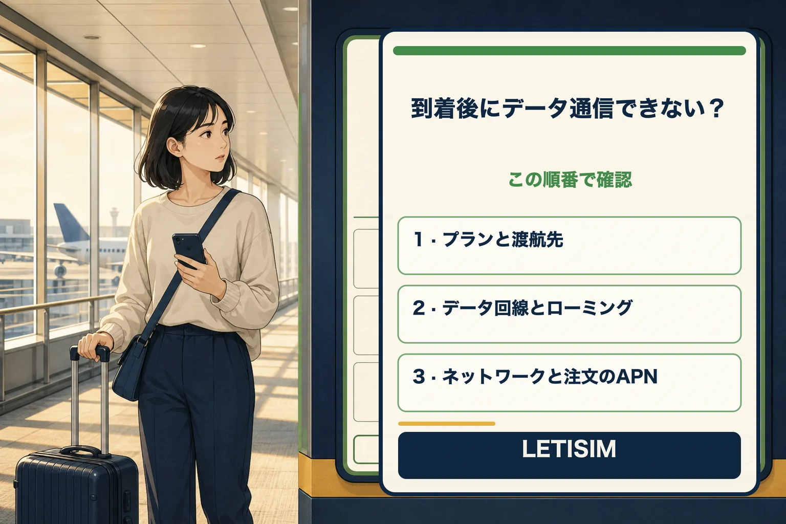 空港の旅行者と、プラン、データ回線、ローミング、ネットワーク、注文のAPNを確認する3段階ボード