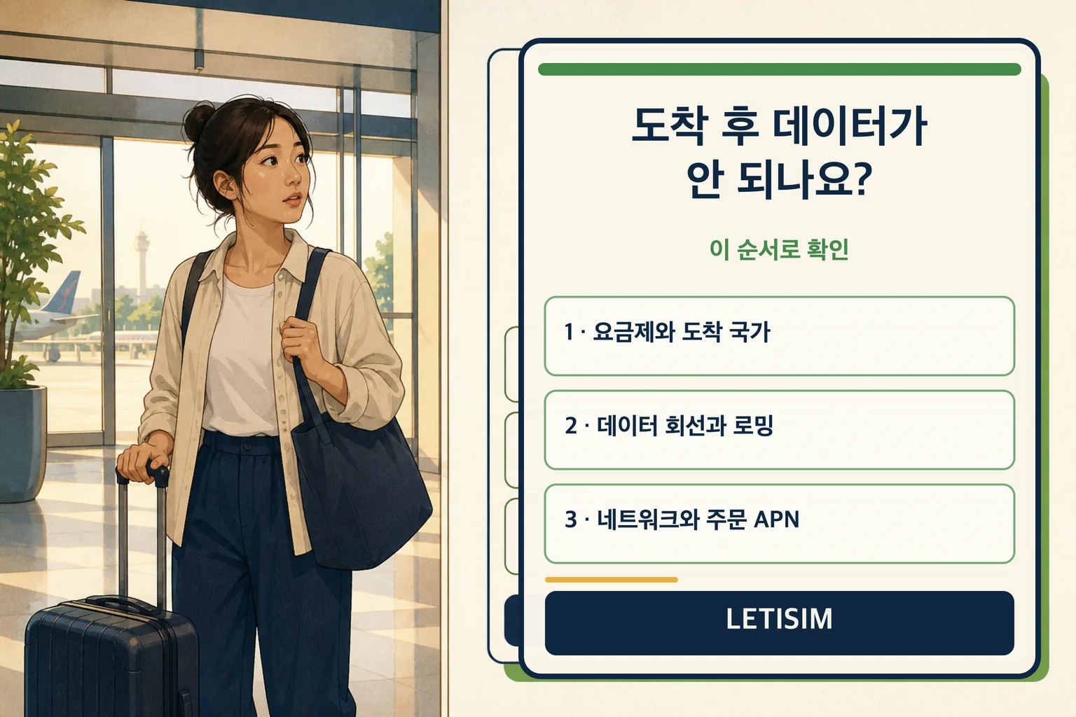 공항 여행자 옆에 요금제, 데이터 회선, 로밍, 네트워크, 주문 APN을 확인하는 3단계 보드