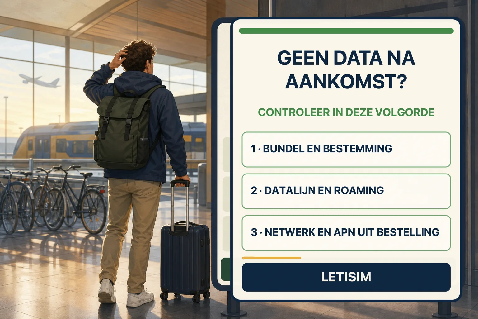 Reiziger op een luchthaven naast een driestappenbord voor bundel, datalijn, roaming, netwerk en APN uit de bestelling
