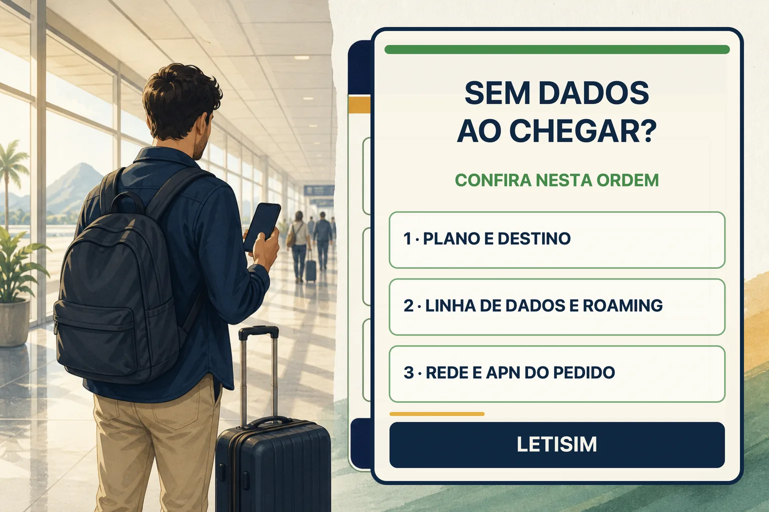 Viajante em aeroporto ao lado de um painel de três etapas para conferir plano, linha de dados, roaming, rede e APN do pedido