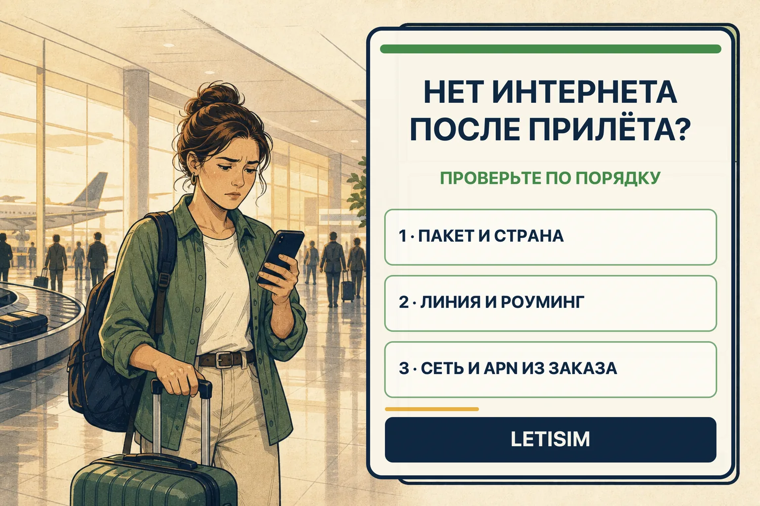 Путешественница в аэропорту рядом с трёхшаговым табло проверки пакета, линии данных, роуминга, сети и APN из заказа