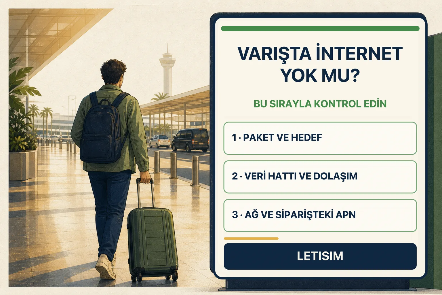 Havalimanındaki yolcunun yanında paket, veri hattı, dolaşım, ağ ve siparişteki APN için üç adımlı kontrol panosu